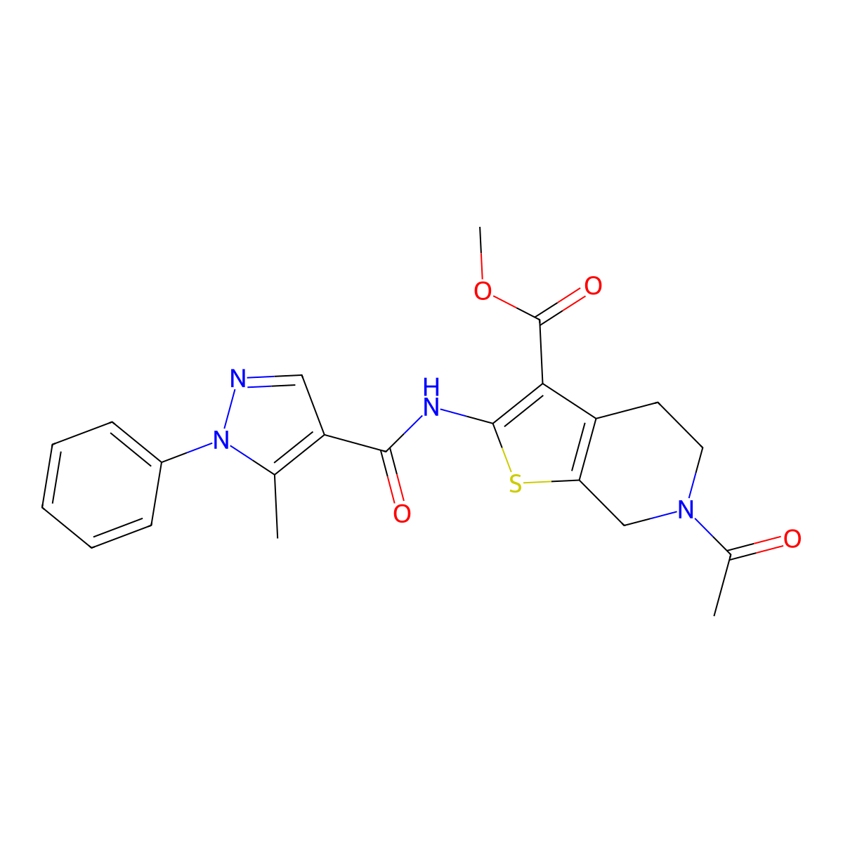 methyl 6-acetyl-2-(5-methyl-1-phenyl-1H-pyrazole-4-carboxamido)-4,5,6,7-tetrahydrothieno[2,3-c]pyridine-3-carboxylate molecular structure, CAS 1170138-46-1