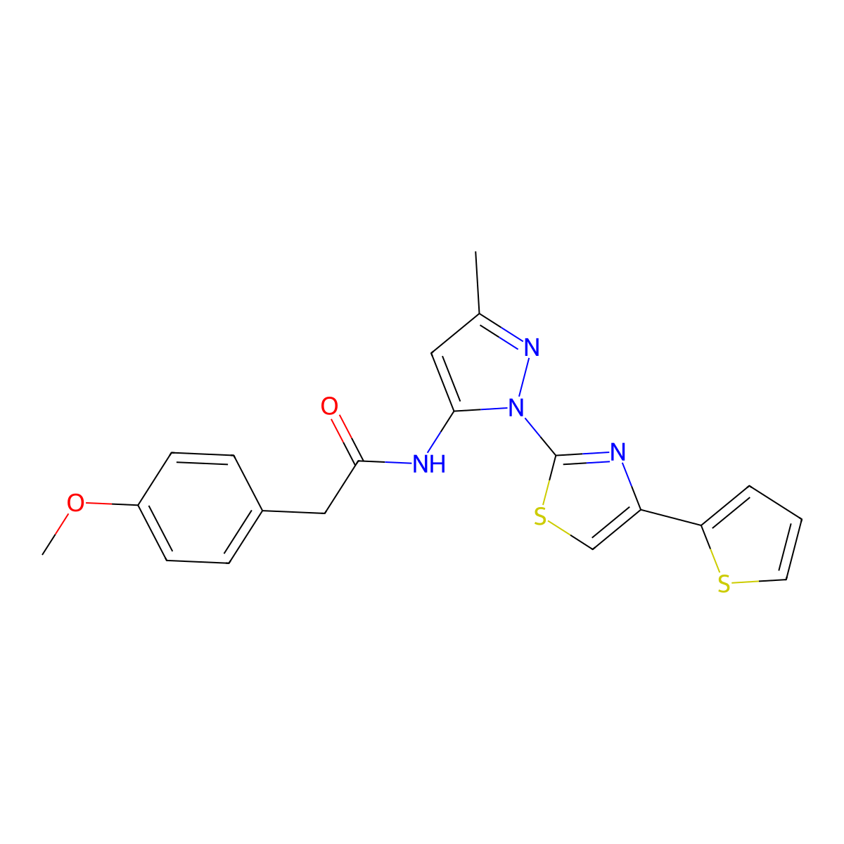 2-(4-methoxyphenyl)-N-(3-methyl-1-(4-(thiophen-2-yl)thiazol-2-yl)-1H-pyrazol-5-yl)acetamide molecular structure, CAS 1170139-78-2