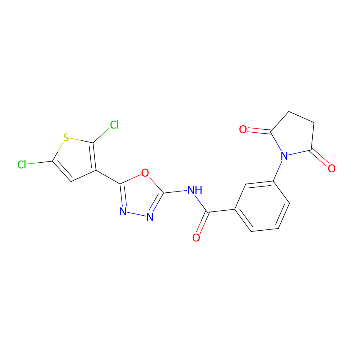 N-[5-(2,5-dichlorothiophen-3-yl)-1,3,4-oxadiazol-2-yl]-3-(2,5-dioxopyrrolidin-1-yl)benzamide molecular structure, CAS 1170140-24-5