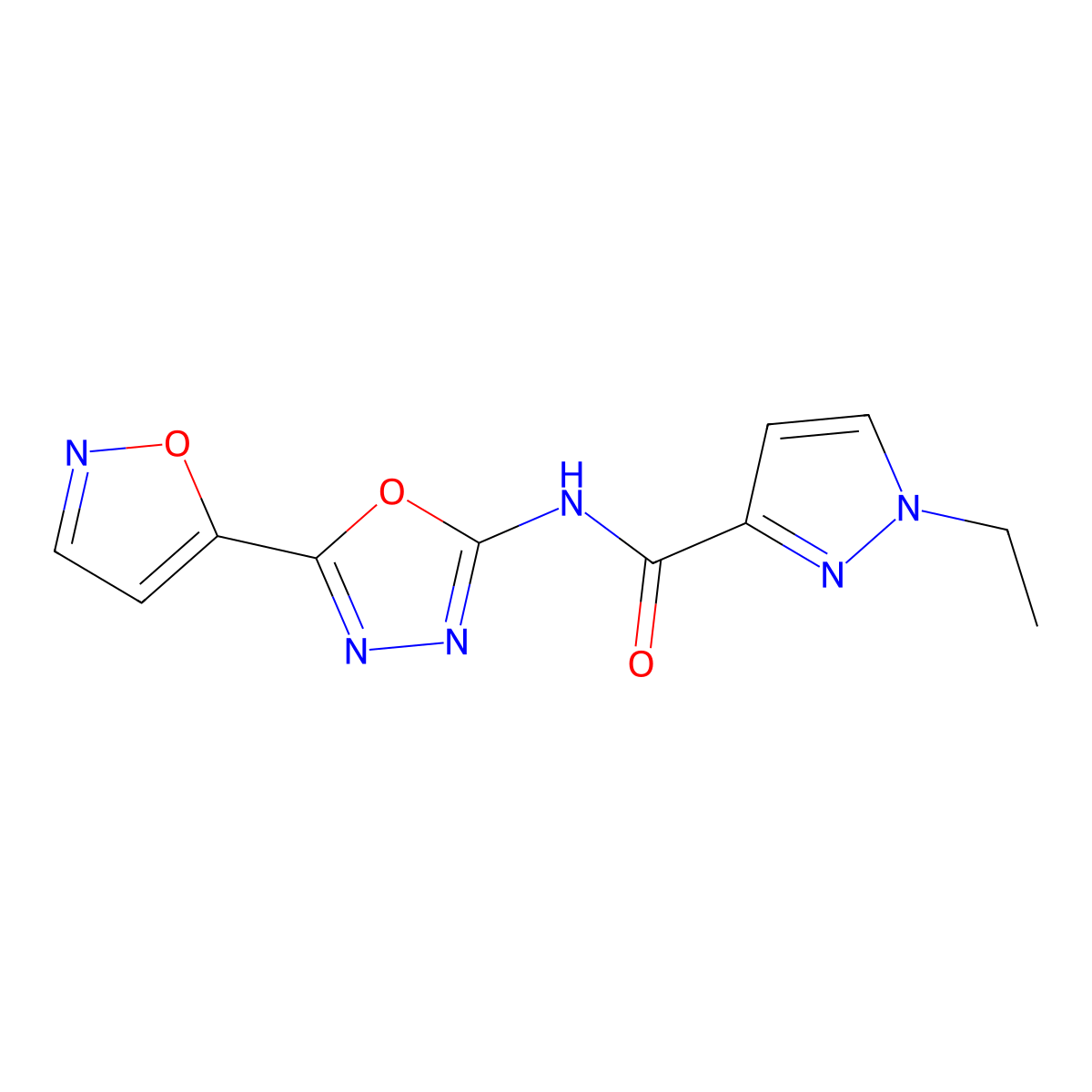1-ethyl-N-(5-(isoxazol-5-yl)-1,3,4-oxadiazol-2-yl)-1H-pyrazole-3-carboxamide molecular structure, CAS 1170141-56-6