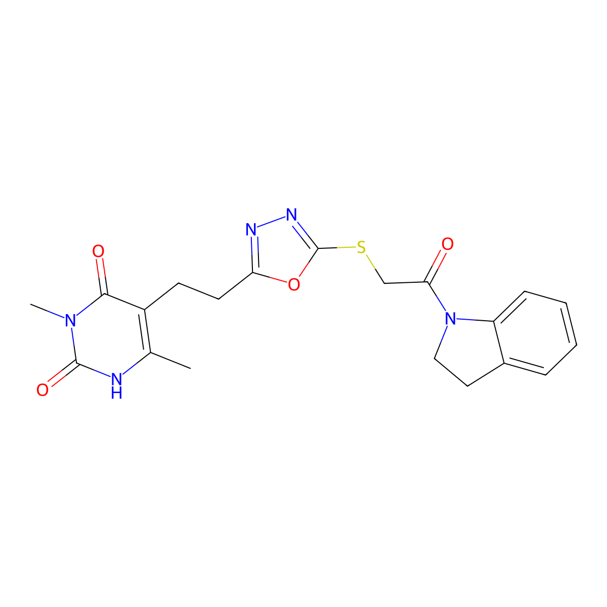5-(2-(5-((2-(indolin-1-yl)-2-oxoethyl)thio)-1,3,4-oxadiazol-2-yl)ethyl)-3,6-dimethylpyrimidine-2,4(1H,3H)-dione molecular structure, CAS 1170144-03-2