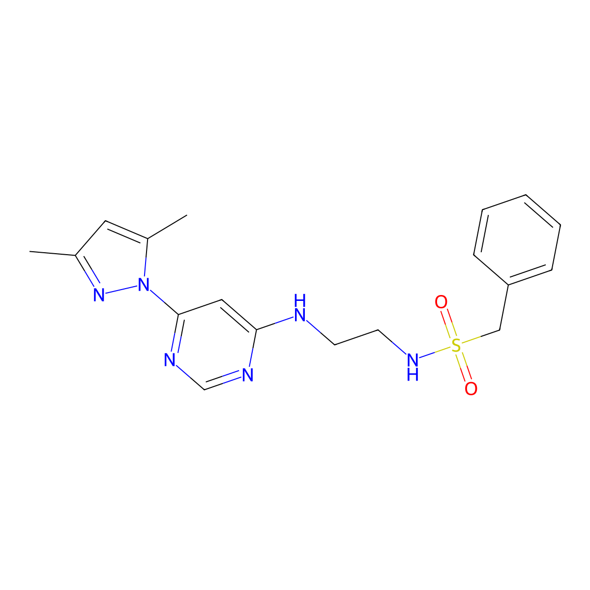 N-(2-{[6-(3,5-dimethyl-1H-pyrazol-1-yl)pyrimidin-4-yl]amino}ethyl)-1-phenylmethanesulfonamide molecular structure, CAS 1170144-43-0