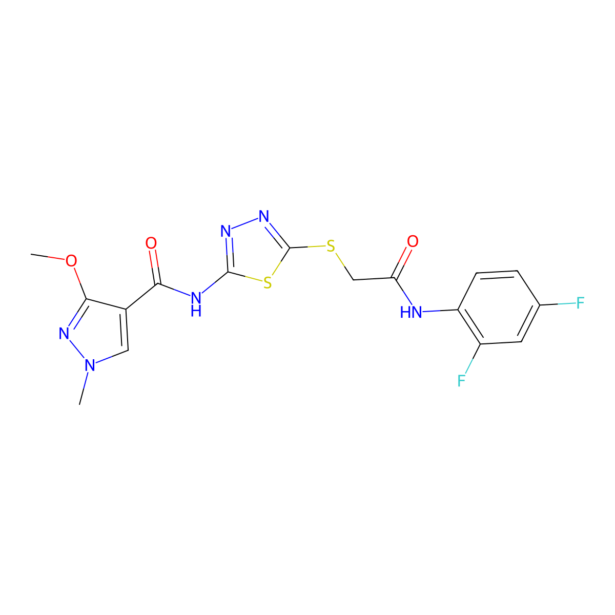N-(5-((2-((2,4-difluorophenyl)amino)-2-oxoethyl)thio)-1,3,4-thiadiazol-2-yl)-3-methoxy-1-methyl-1H-pyrazole-4-carboxamide molecular structure, CAS 1170147-20-2