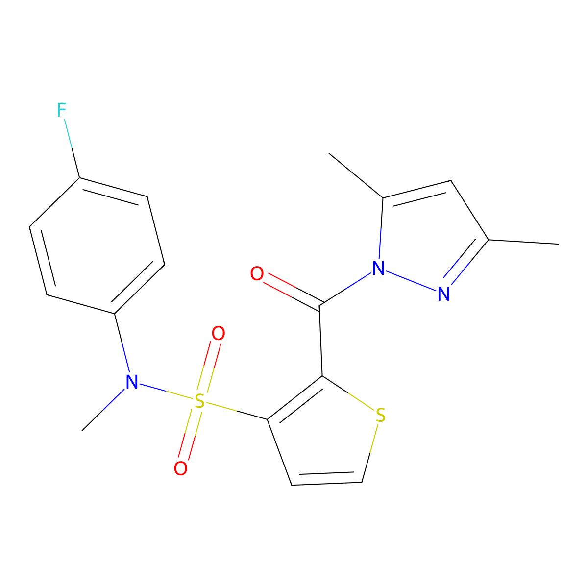 2-(3,5-dimethyl-1H-pyrazole-1-carbonyl)-N-(4-fluorophenyl)-N-methylthiophene-3-sulfonamide molecular structure, CAS 1170151-15-1