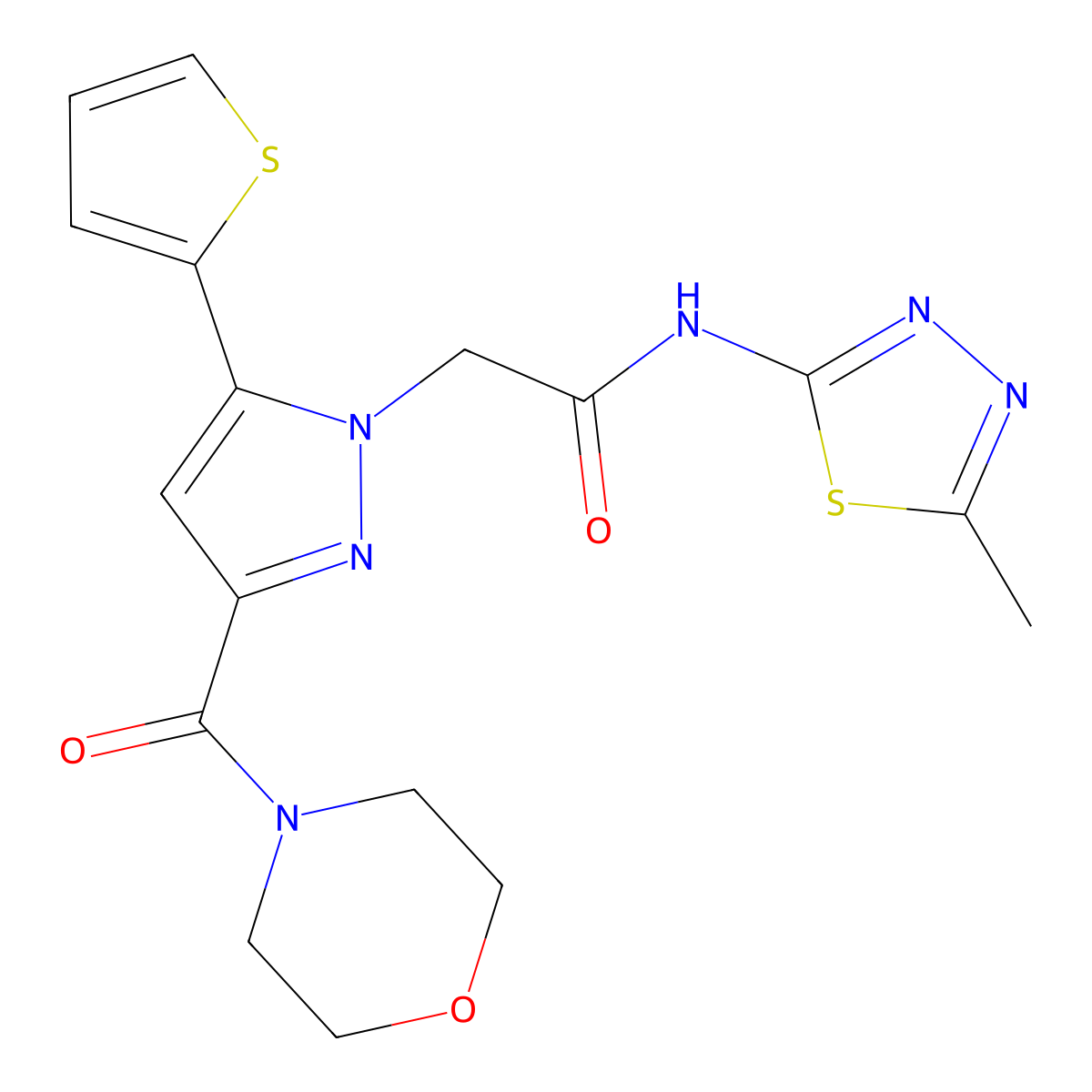 N-(5-methyl-1,3,4-thiadiazol-2-yl)-2-[3-(morpholine-4-carbonyl)-5-(thiophen-2-yl)-1H-pyrazol-1-yl]acetamide molecular structure, CAS 1170156-28-1