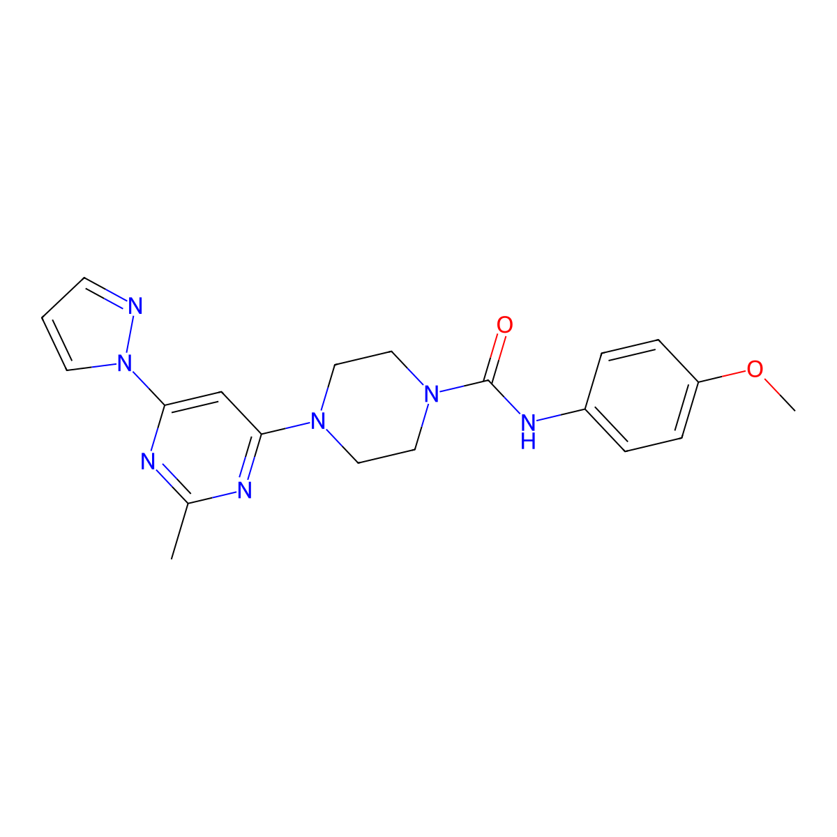 N-(4-methoxyphenyl)-4-(2-methyl-6-(1H-pyrazol-1-yl)pyrimidin-4-yl)piperazine-1-carboxamide molecular structure, CAS 1170157-00-2