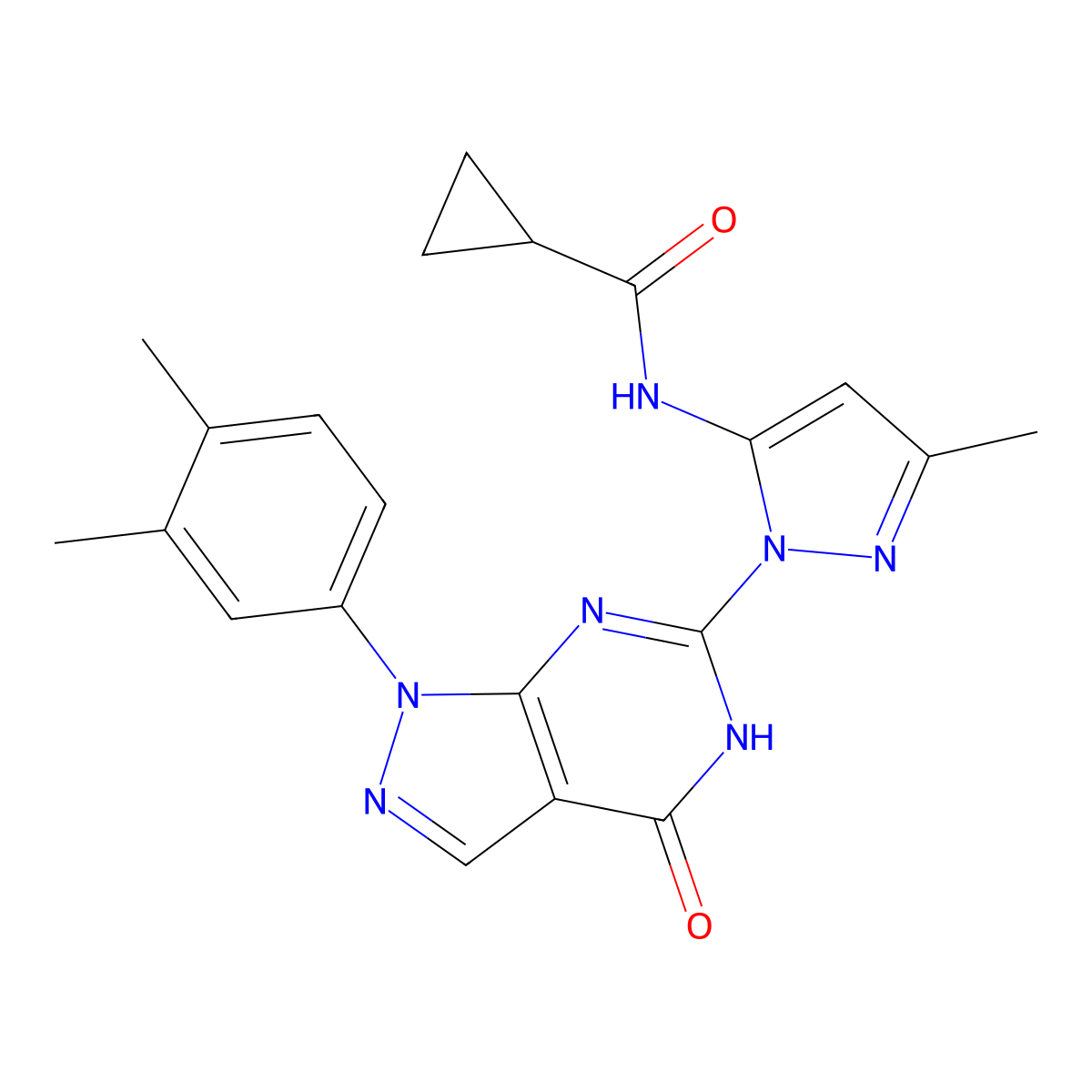 N-(1-(1-(3,4-dimethylphenyl)-4-oxo-4,5-dihydro-1H-pyrazolo[3,4-d]pyrimidin-6-yl)-3-methyl-1H-pyrazol-5-yl)cyclopropanecarboxamide molecular structure, CAS 1170157-82-0