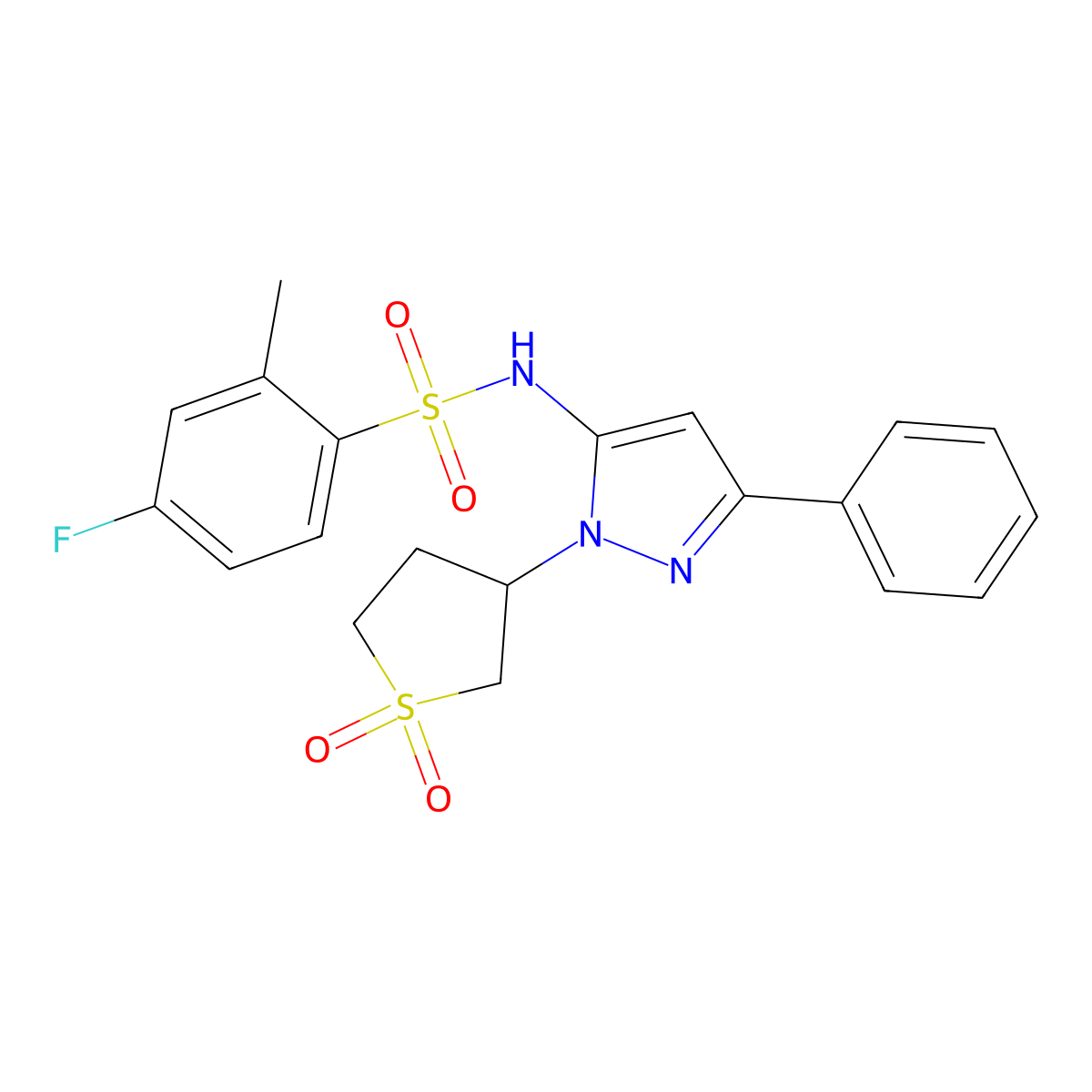 N-(1-(1,1-dioxidotetrahydrothiophen-3-yl)-3-phenyl-1H-pyrazol-5-yl)-4-fluoro-2-methylbenzenesulfonamide molecular structure, CAS 1170160-74-3