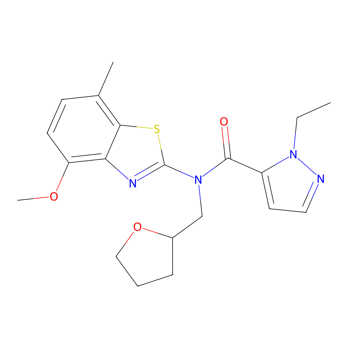 1-ethyl-N-(4-methoxy-7-methylbenzo[d]thiazol-2-yl)-N-((tetrahydrofuran-2-yl)methyl)-1H-pyrazole-5-carboxamide molecular structure, CAS 1170162-51-2