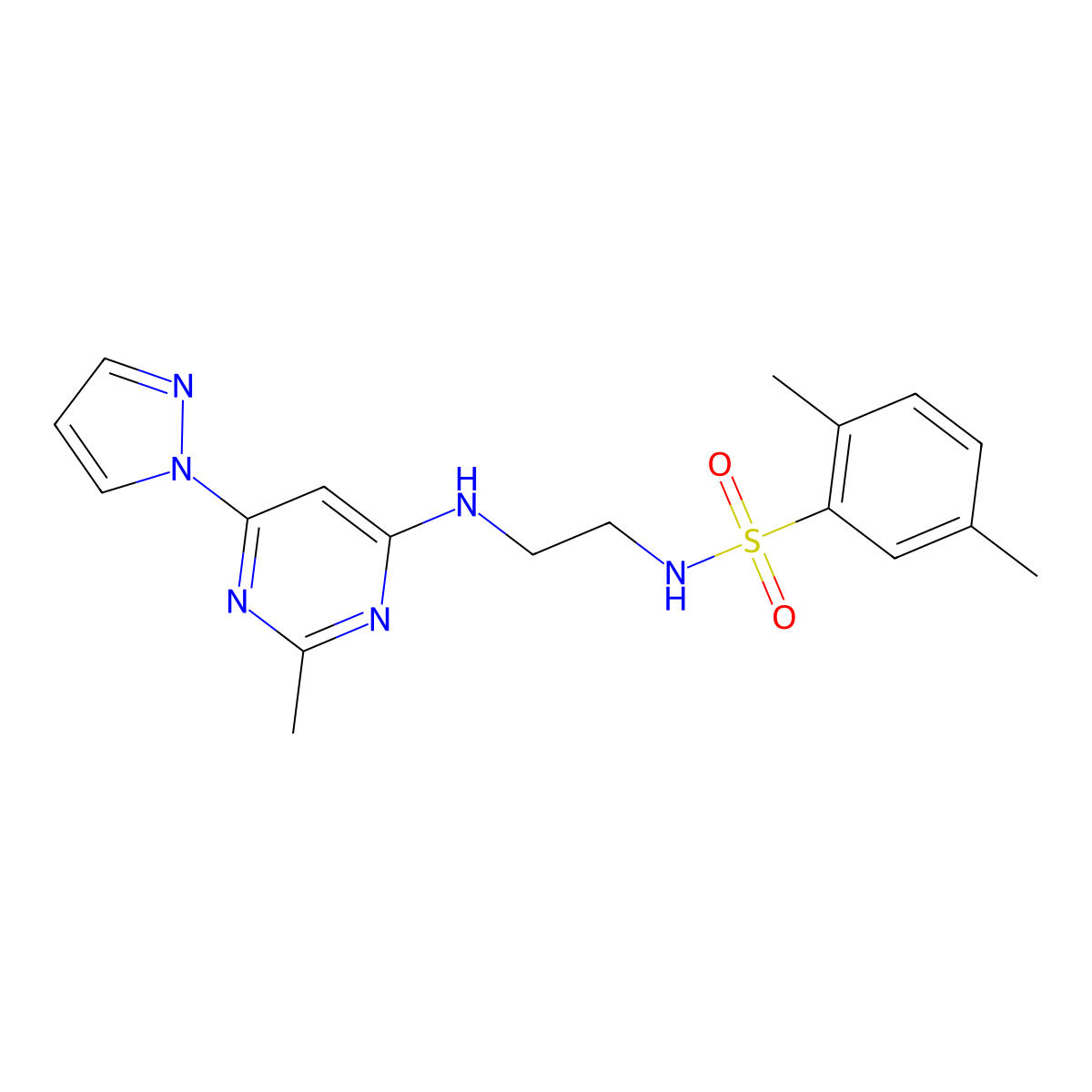 2,5-dimethyl-N-(2-((2-methyl-6-(1H-pyrazol-1-yl)pyrimidin-4-yl)amino)ethyl)benzenesulfonamide molecular structure, CAS 1170168-09-8