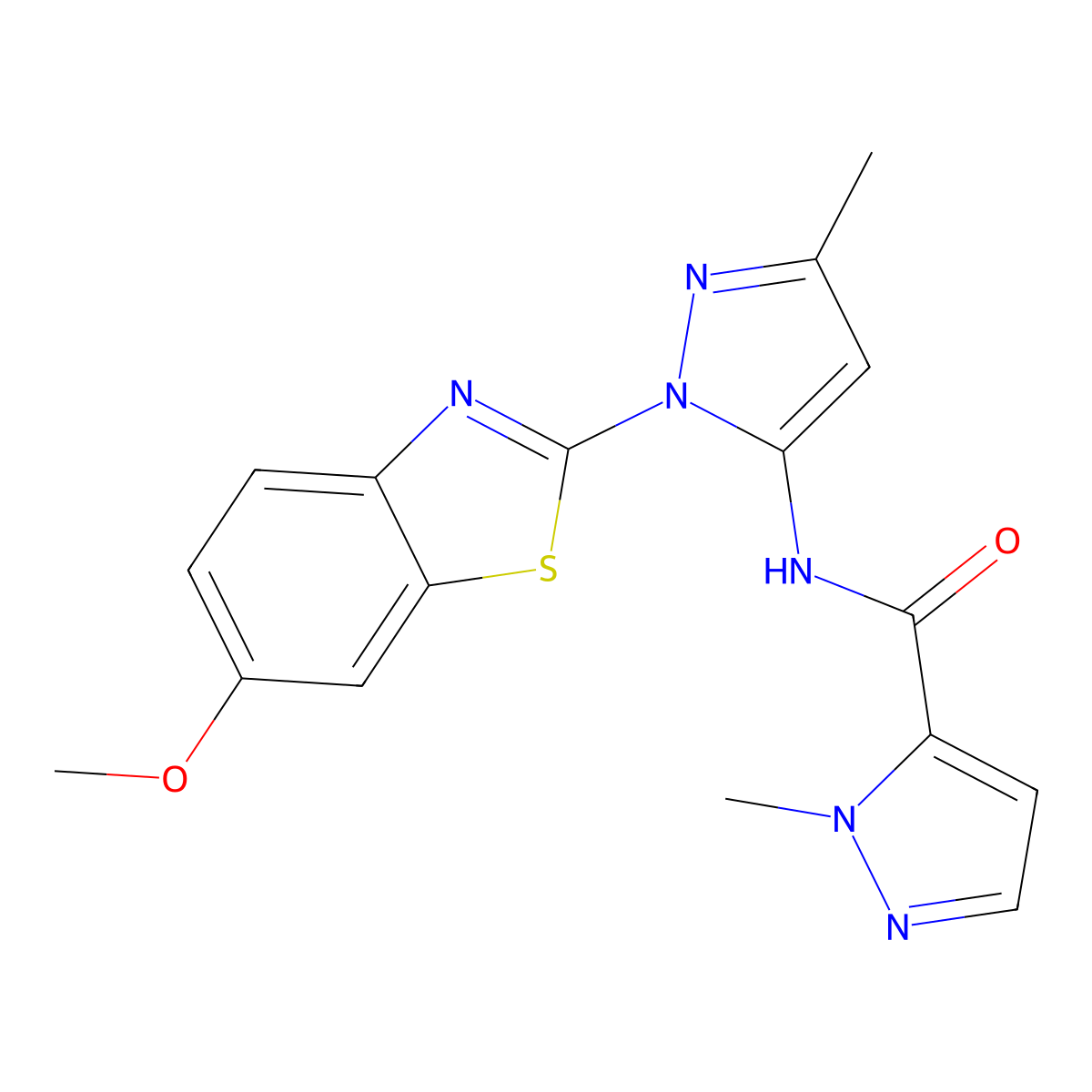 N-(1-(6-methoxybenzo[d]thiazol-2-yl)-3-methyl-1H-pyrazol-5-yl)-1-methyl-1H-pyrazole-5-carboxamide molecular structure, CAS 1170170-72-5
