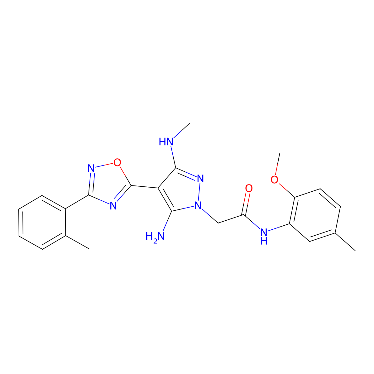 2-(5-amino-3-(methylamino)-4-(3-(o-tolyl)-1,2,4-oxadiazol-5-yl)-1H-pyrazol-1-yl)-N-(2-methoxy-5-methylphenyl)acetamide molecular structure, CAS 1170175-10-6