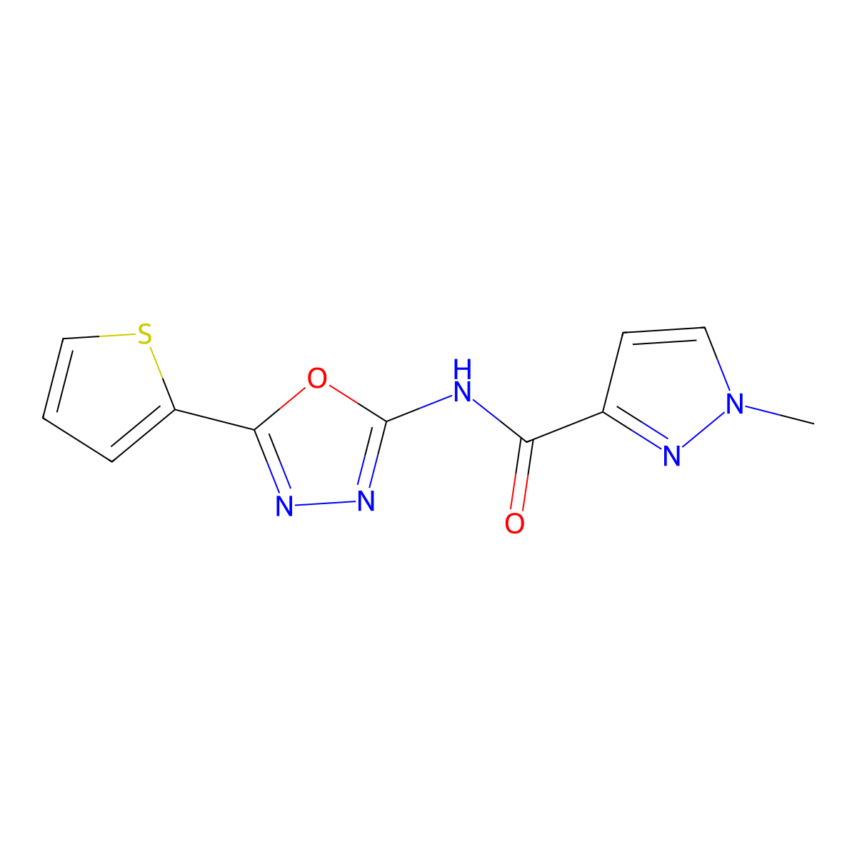 1-methyl-N-[5-(thiophen-2-yl)-1,3,4-oxadiazol-2-yl]-1H-pyrazole-3-carboxamide molecular structure, CAS 1170176-32-5