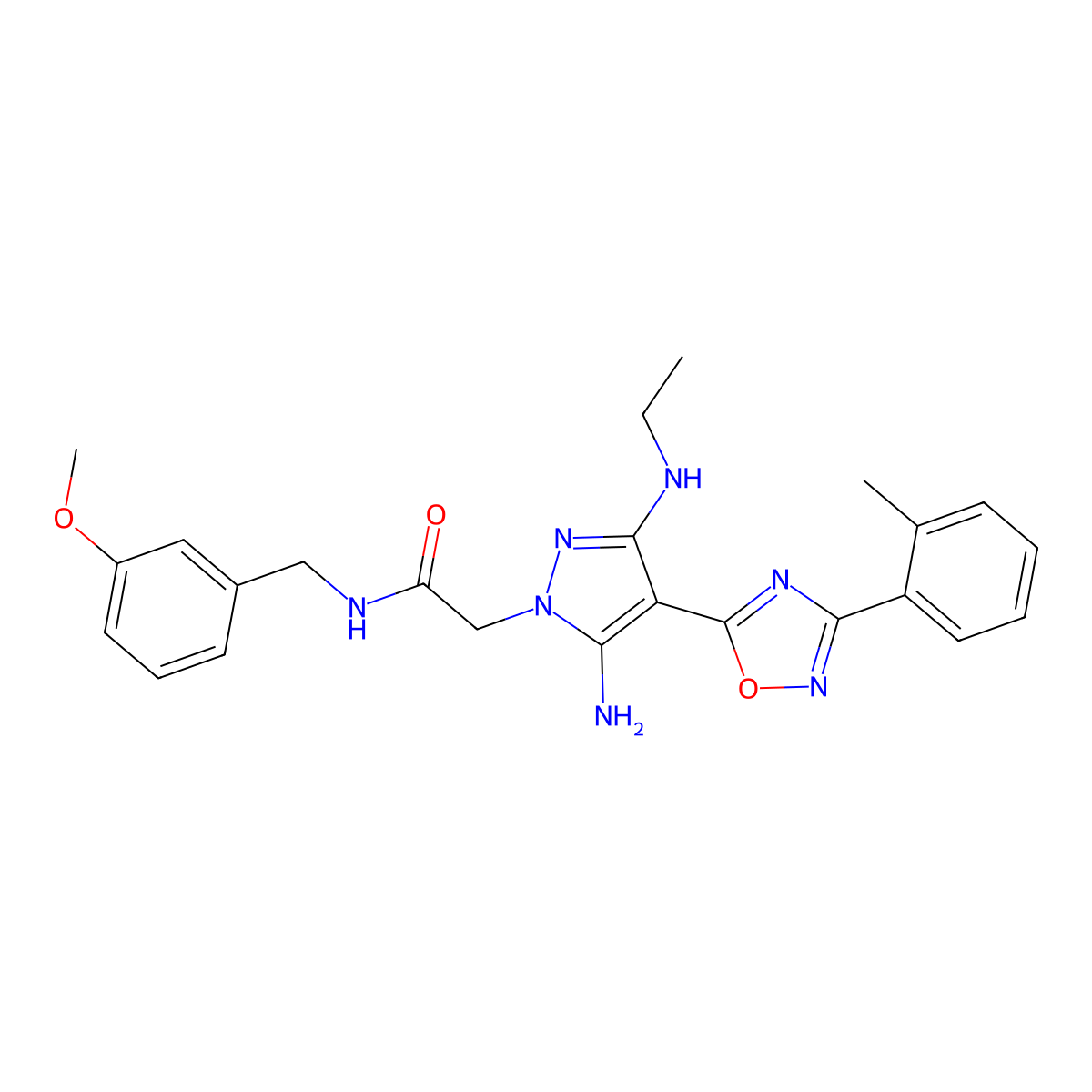 2-(5-amino-3-(ethylamino)-4-(3-(o-tolyl)-1,2,4-oxadiazol-5-yl)-1H-pyrazol-1-yl)-N-(3-methoxybenzyl)acetamide molecular structure, CAS 1170177-02-2