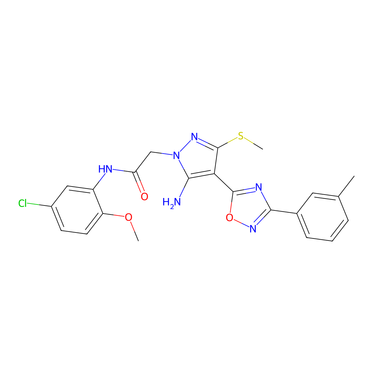 2-{5-amino-4-[3-(3-methylphenyl)-1,2,4-oxadiazol-5-yl]-3-(methylsulfanyl)-1H-pyrazol-1-yl}-N-(5-chloro-2-methoxyphenyl)acetamide molecular structure, CAS 1170177-90-8