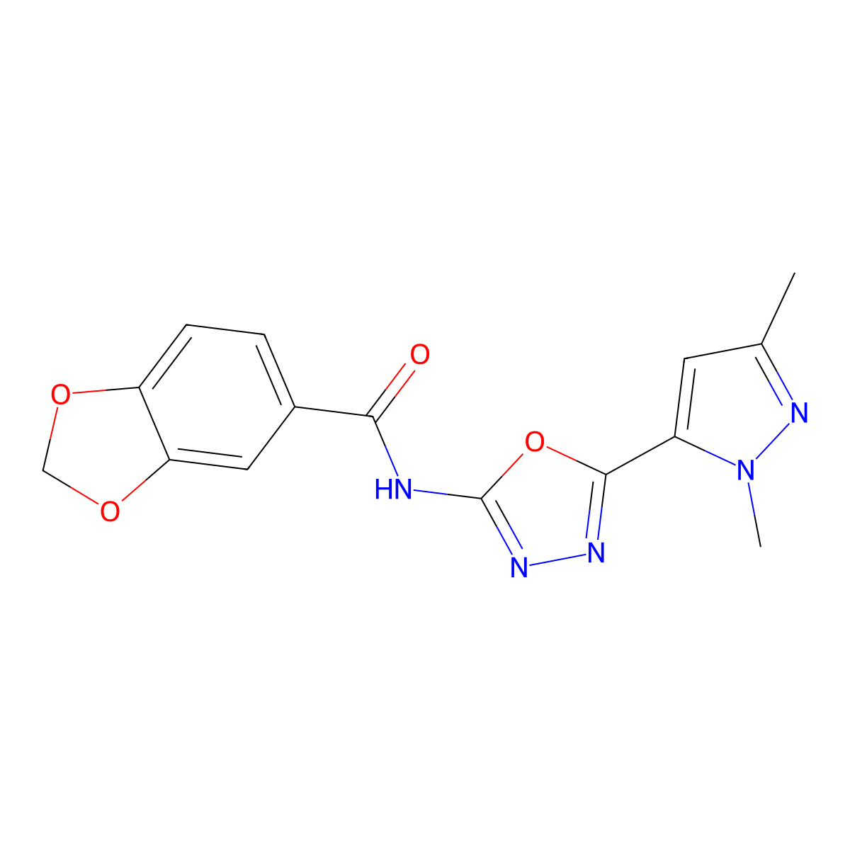 N-[5-(1,3-dimethyl-1H-pyrazol-5-yl)-1,3,4-oxadiazol-2-yl]-2H-1,3-benzodioxole-5-carboxamide molecular structure, CAS 1170179-73-3