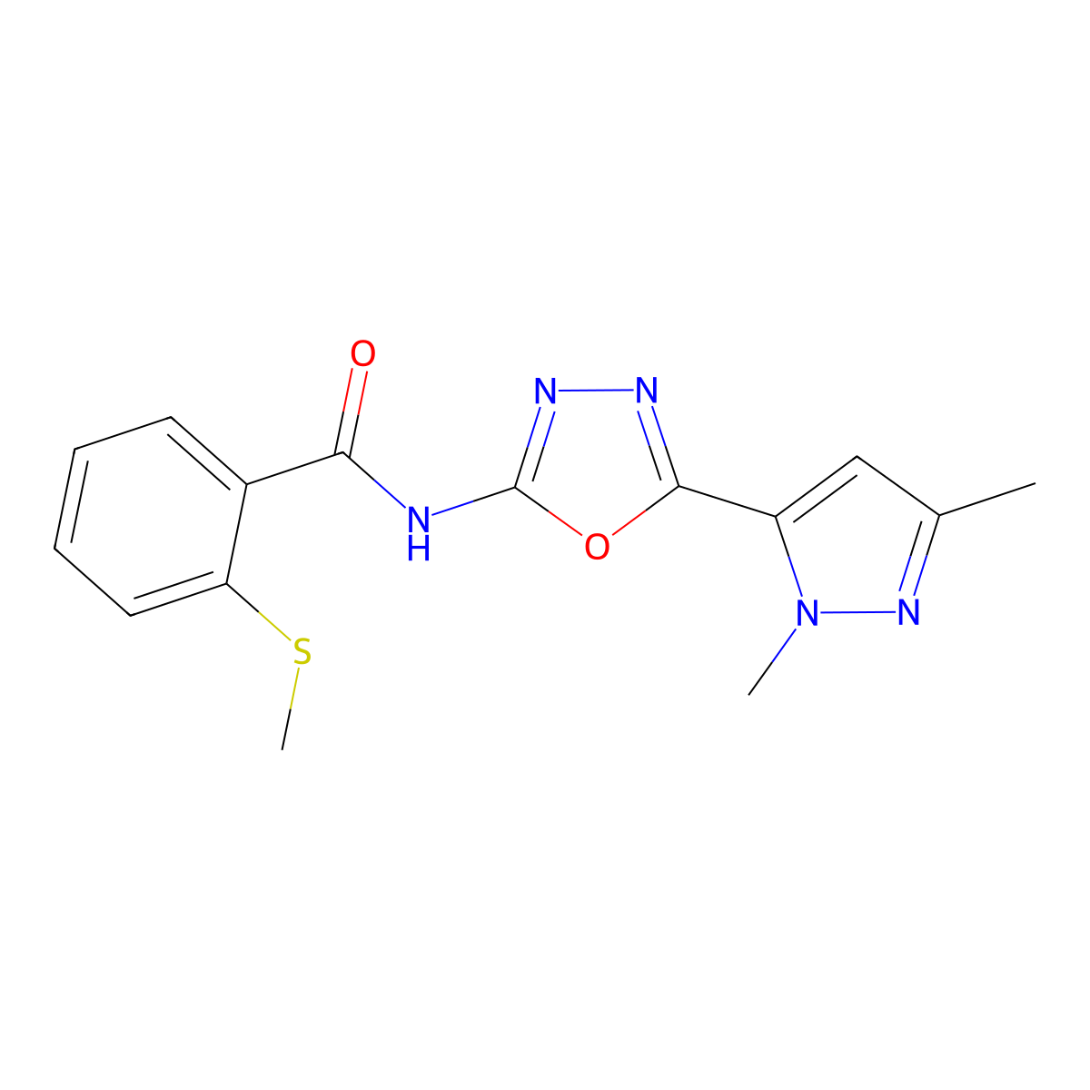 N-(5-(1,3-dimethyl-1H-pyrazol-5-yl)-1,3,4-oxadiazol-2-yl)-2-(methylthio)benzamide molecular structure, CAS 1170182-74-7