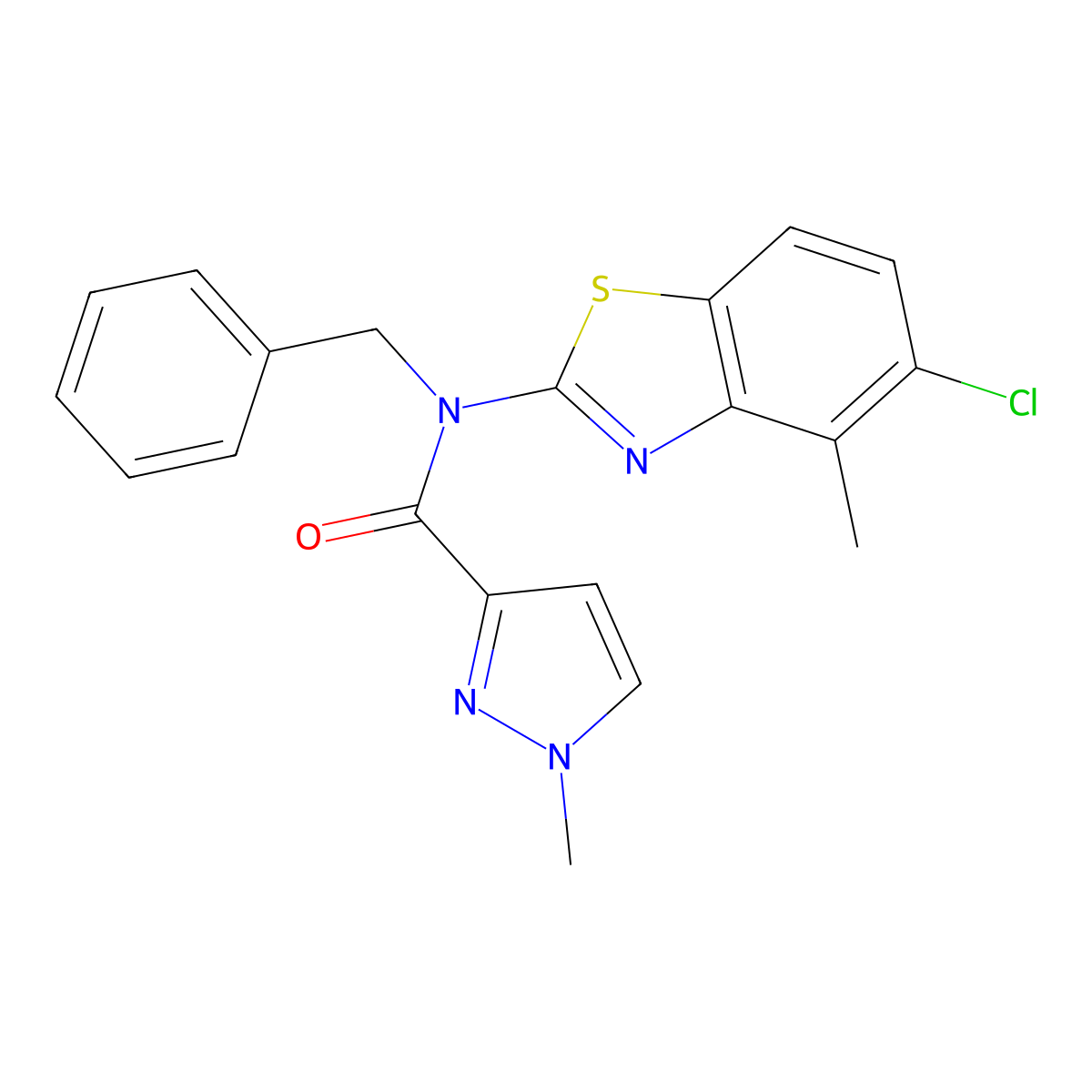 N-benzyl-N-(5-chloro-4-methylbenzo[d]thiazol-2-yl)-1-methyl-1H-pyrazole-3-carboxamide molecular structure, CAS 1170183-56-8