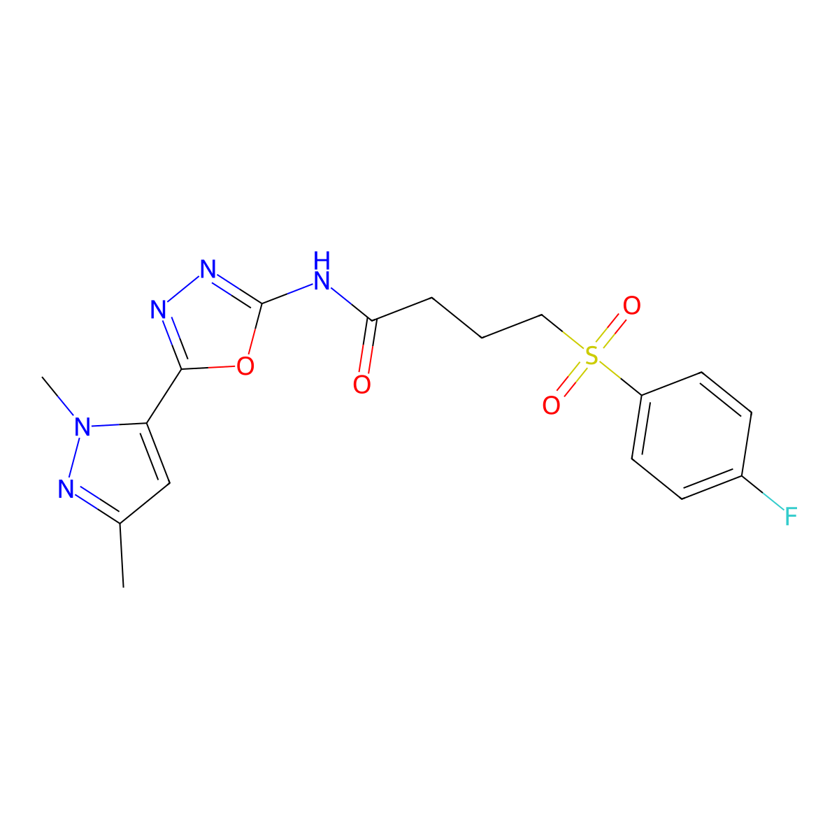 N-[5-(1,3-dimethyl-1H-pyrazol-5-yl)-1,3,4-oxadiazol-2-yl]-4-(4-fluorobenzenesulfonyl)butanamide molecular structure, CAS 1170188-67-6