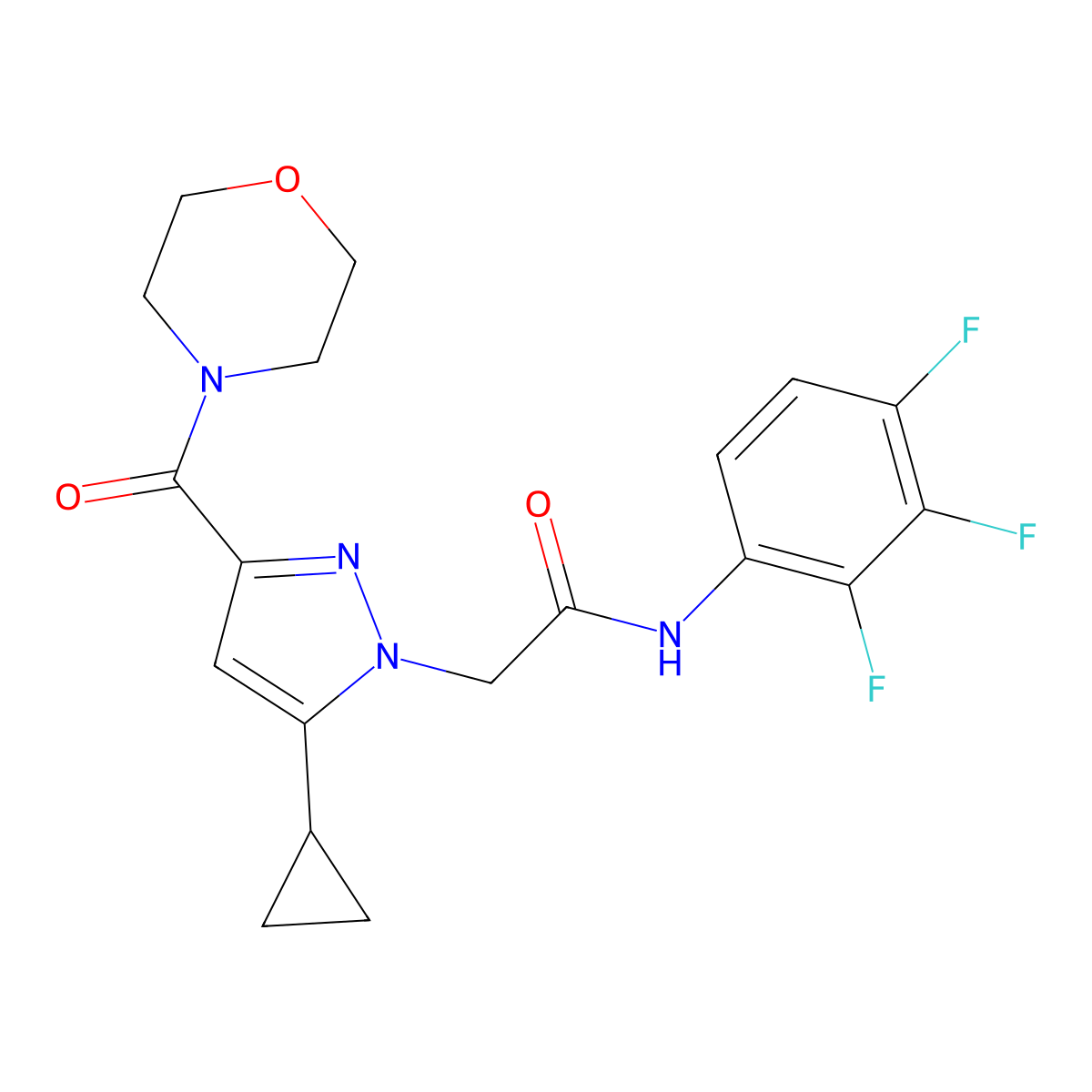 2-(5-cyclopropyl-3-(morpholine-4-carbonyl)-1H-pyrazol-1-yl)-N-(2,3,4-trifluorophenyl)acetamide molecular structure, CAS 1170189-29-3
