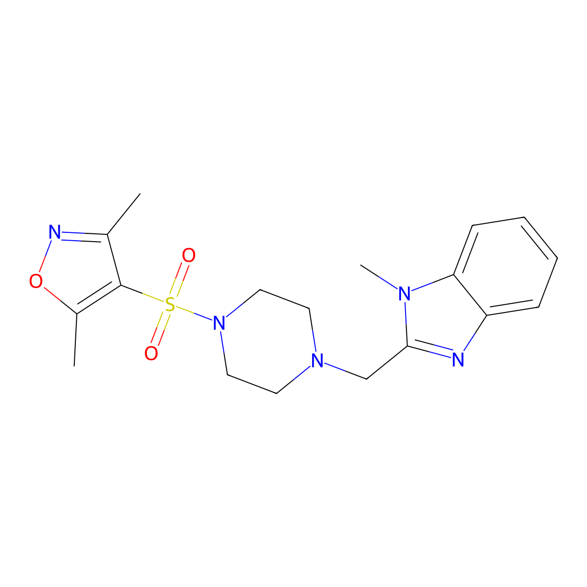 2-({4-[(3,5-dimethyl-1,2-oxazol-4-yl)sulfonyl]piperazin-1-yl}methyl)-1-methyl-1H-1,3-benzodiazole molecular structure, CAS 1170190-57-4