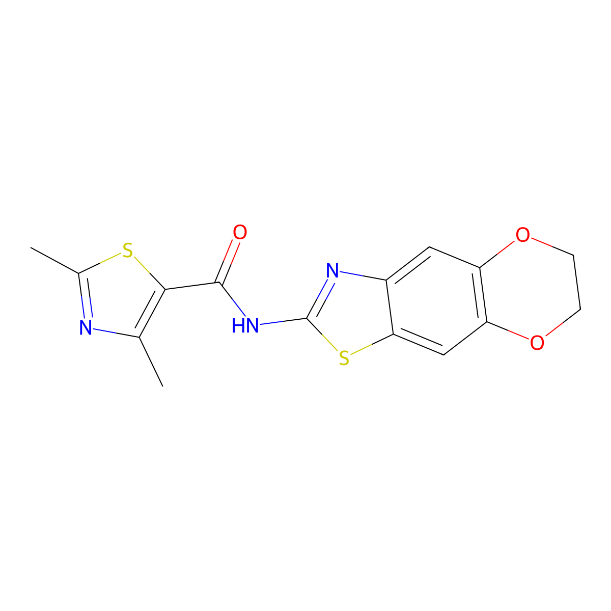 N-{10,13-dioxa-4-thia-6-azatricyclo[7.4.0.0^{3,7}]trideca-1,3(7),5,8-tetraen-5-yl}-2,4-dimethyl-1,3-thiazole-5-carboxamide molecular structure, CAS 1170195-32-0