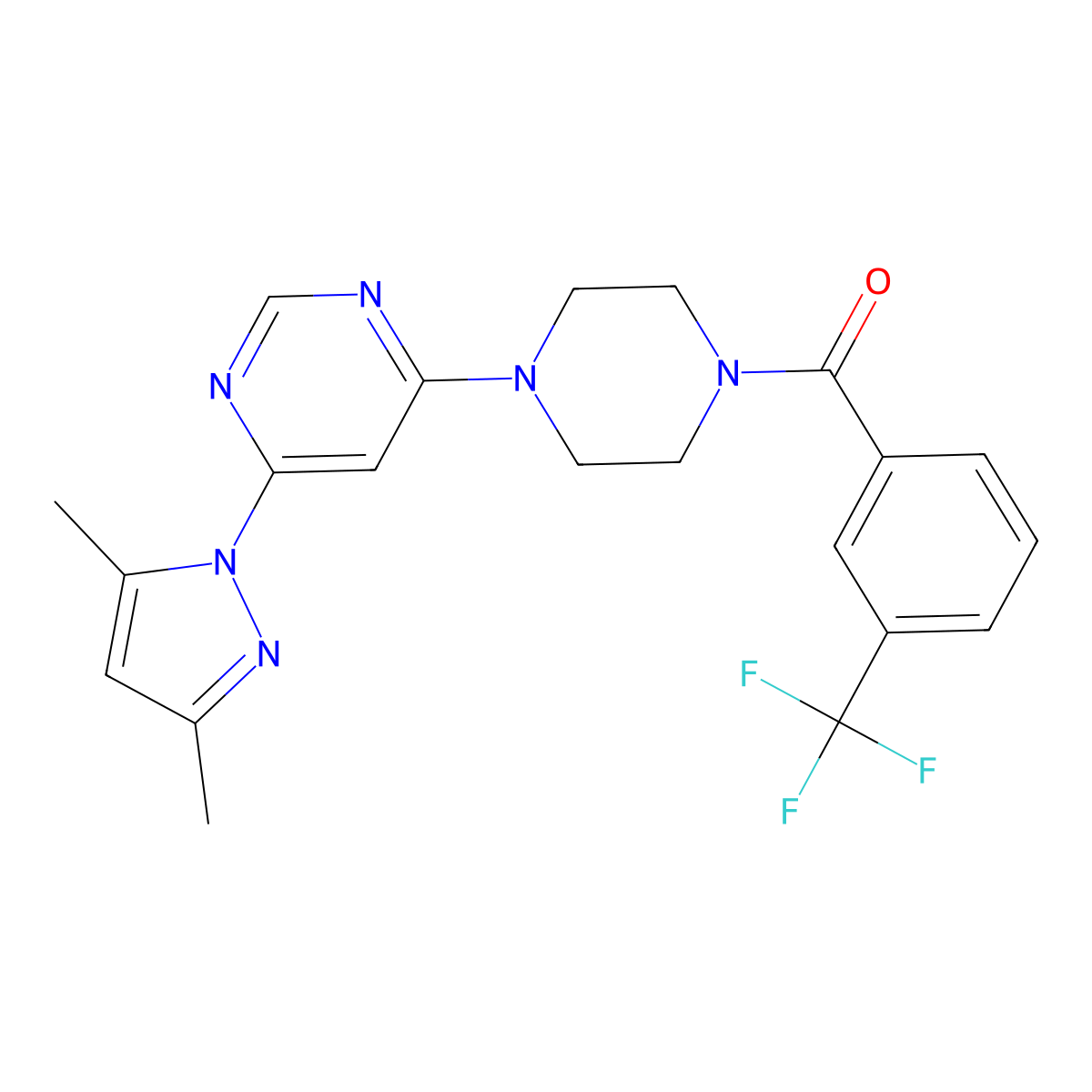 (4-(6-(3,5-dimethyl-1H-pyrazol-1-yl)pyrimidin-4-yl)piperazin-1-yl)(3-(trifluoromethyl)phenyl)methanone molecular structure, CAS 1170196-94-7