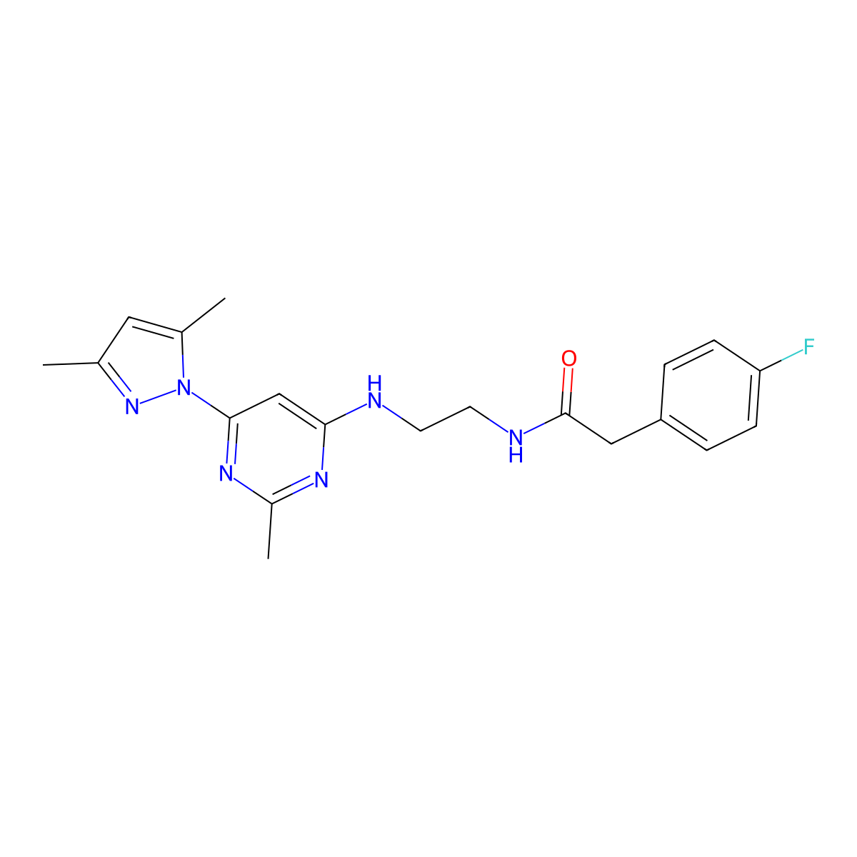 N-(2-((6-(3,5-dimethyl-1H-pyrazol-1-yl)-2-methylpyrimidin-4-yl)amino)ethyl)-2-(4-fluorophenyl)acetamide molecular structure, CAS 1170200-00-6