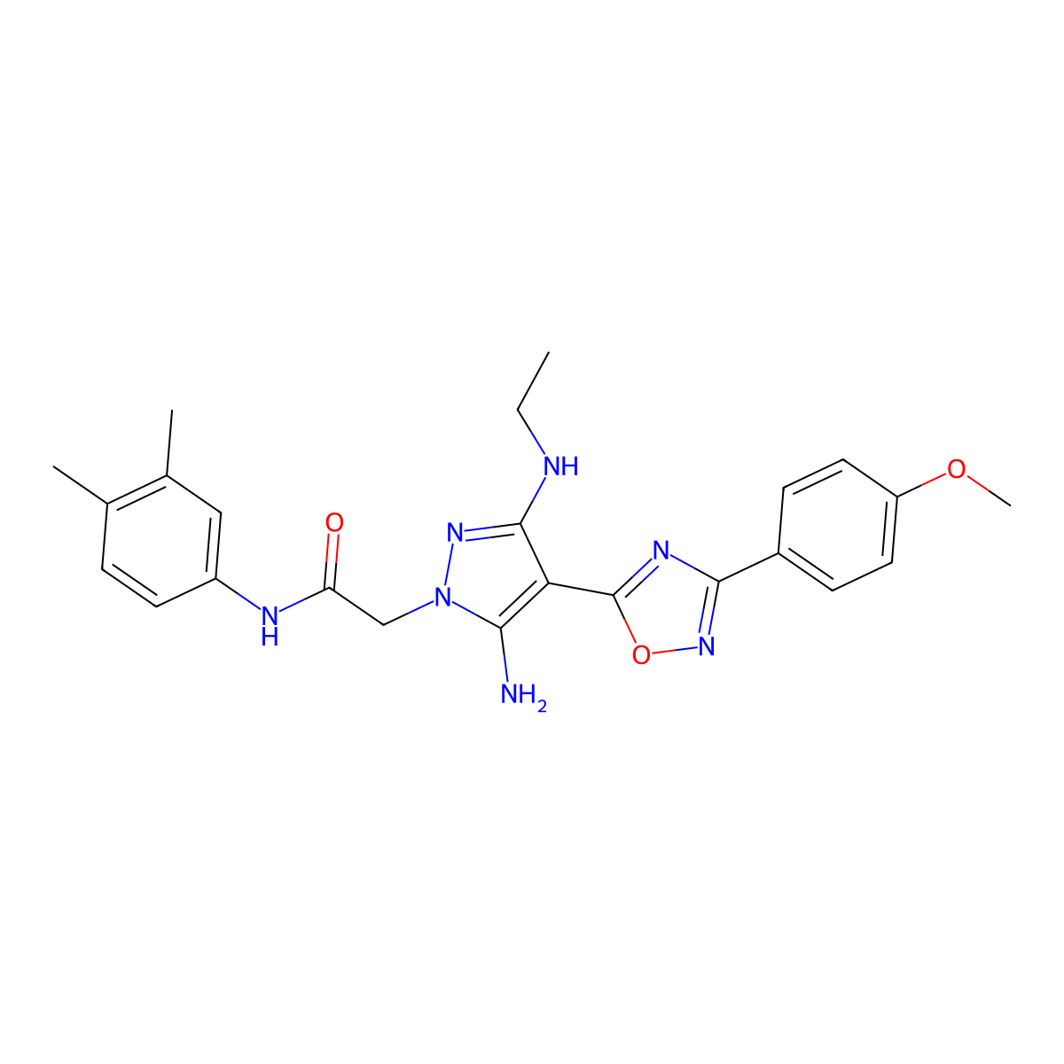 2-[5-amino-3-(ethylamino)-4-[3-(4-methoxyphenyl)-1,2,4-oxadiazol-5-yl]-1H-pyrazol-1-yl]-N-(3,4-dimethylphenyl)acetamide molecular structure, CAS 1170203-29-8