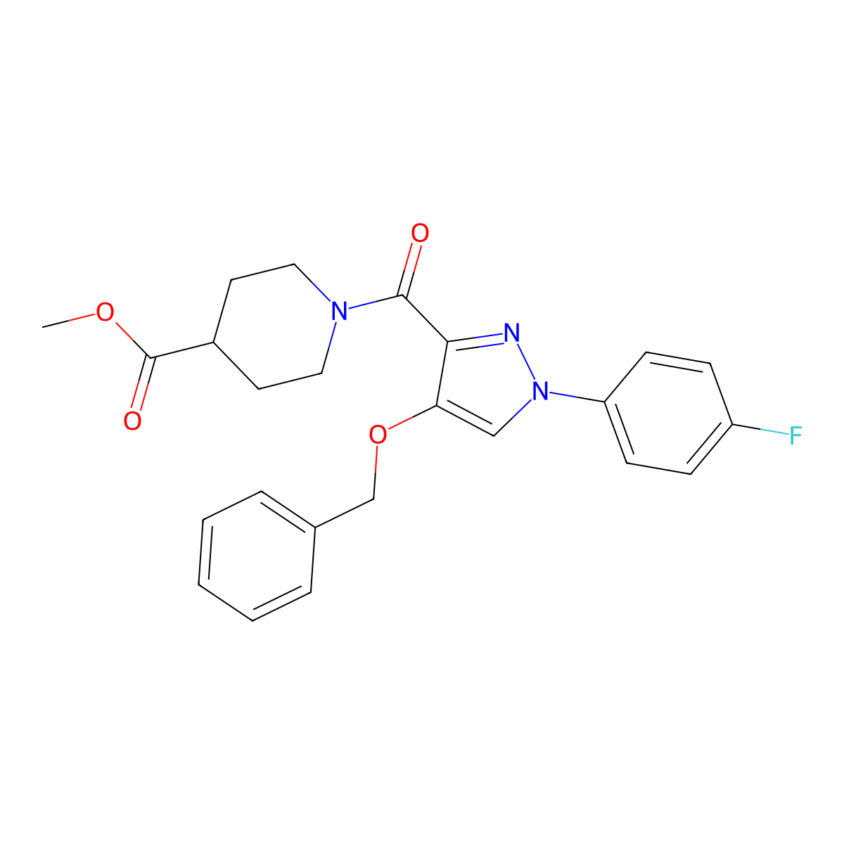 methyl 1-(4-(benzyloxy)-1-(4-fluorophenyl)-1H-pyrazole-3-carbonyl)piperidine-4-carboxylate molecular structure, CAS 1170204-01-9