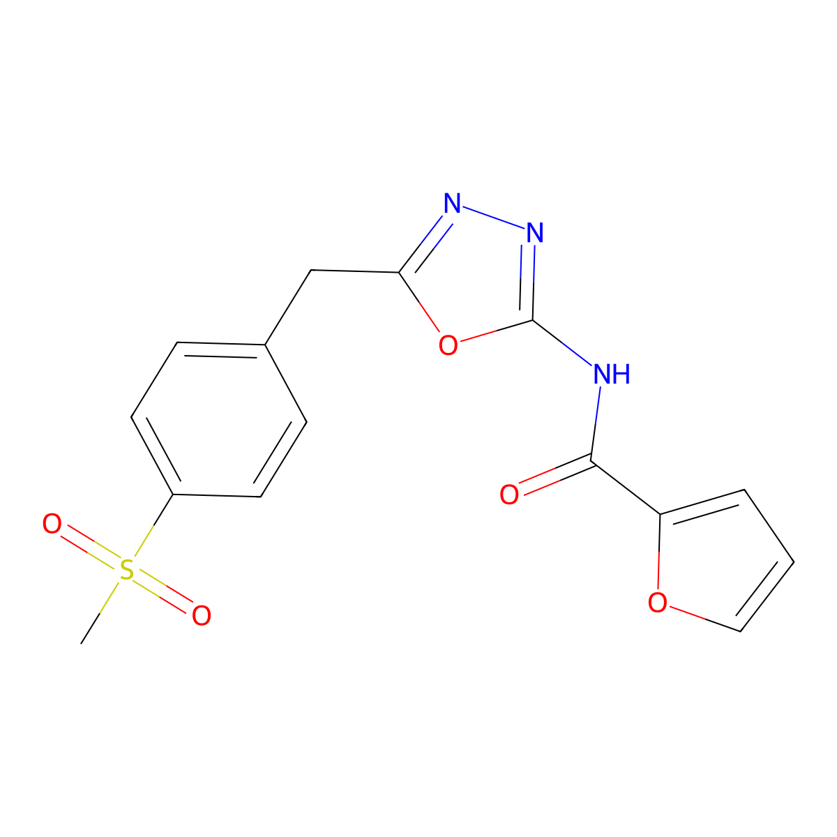 N-(5-(4-(methylsulfonyl)benzyl)-1,3,4-oxadiazol-2-yl)furan-2-carboxamide molecular structure, CAS 1170205-24-9