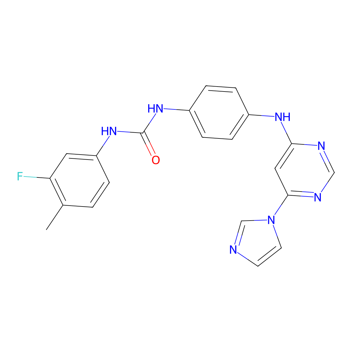 1-(4-((6-(1H-imidazol-1-yl)pyrimidin-4-yl)amino)phenyl)-3-(3-fluoro-4-methylphenyl)urea molecular structure, CAS 1170206-64-0
