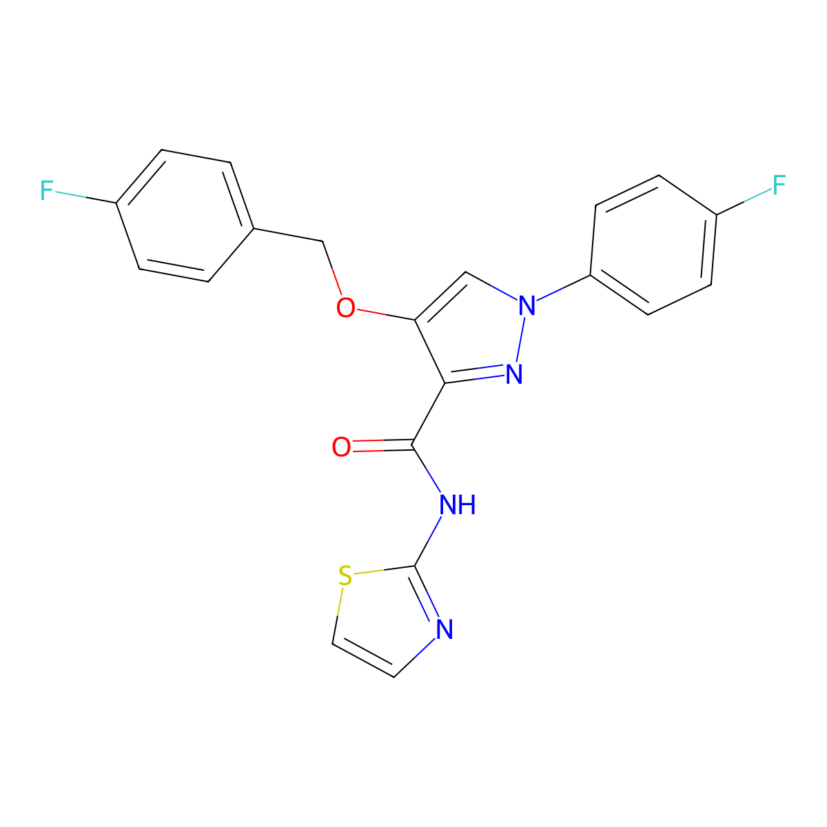 4-((4-fluorobenzyl)oxy)-1-(4-fluorophenyl)-N-(thiazol-2-yl)-1H-pyrazole-3-carboxamide molecular structure, CAS 1170211-08-1