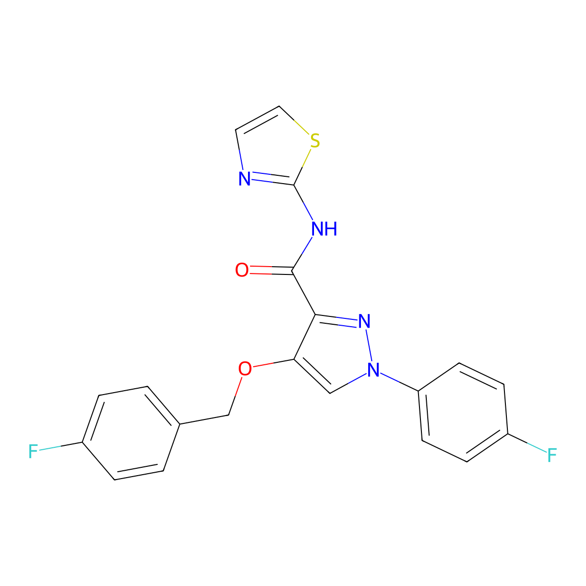 4-((4-fluorobenzyl)oxy)-1-(4-fluorophenyl)-N-(thiazol-2-yl)-1H-pyrazole-3-carboxamide molecular structure, CAS 1170211-08-1