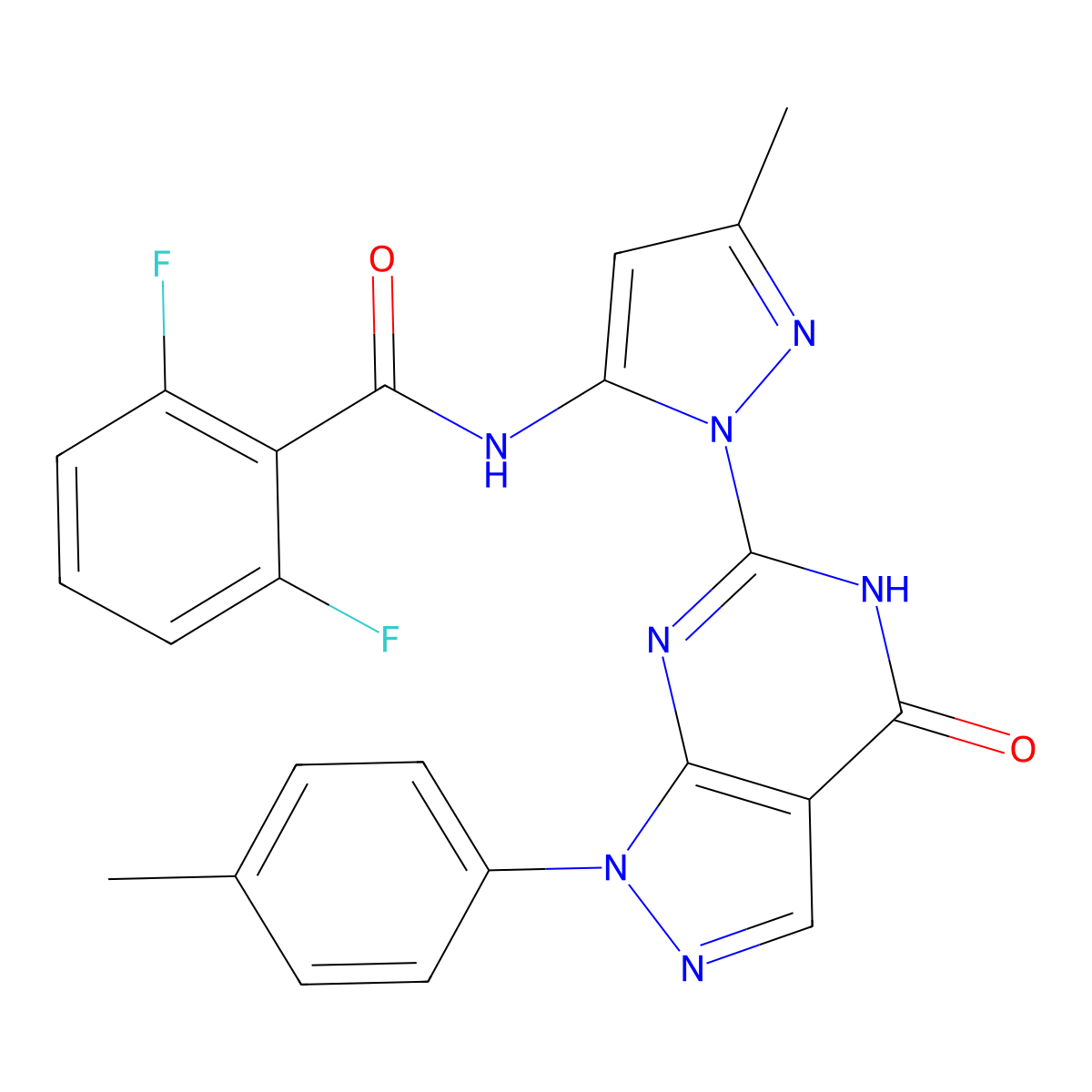 2,6-difluoro-N-(3-methyl-1-(4-oxo-1-(p-tolyl)-4,5-dihydro-1H-pyrazolo[3,4-d]pyrimidin-6-yl)-1H-pyrazol-5-yl)benzamide molecular structure, CAS 1170211-75-2