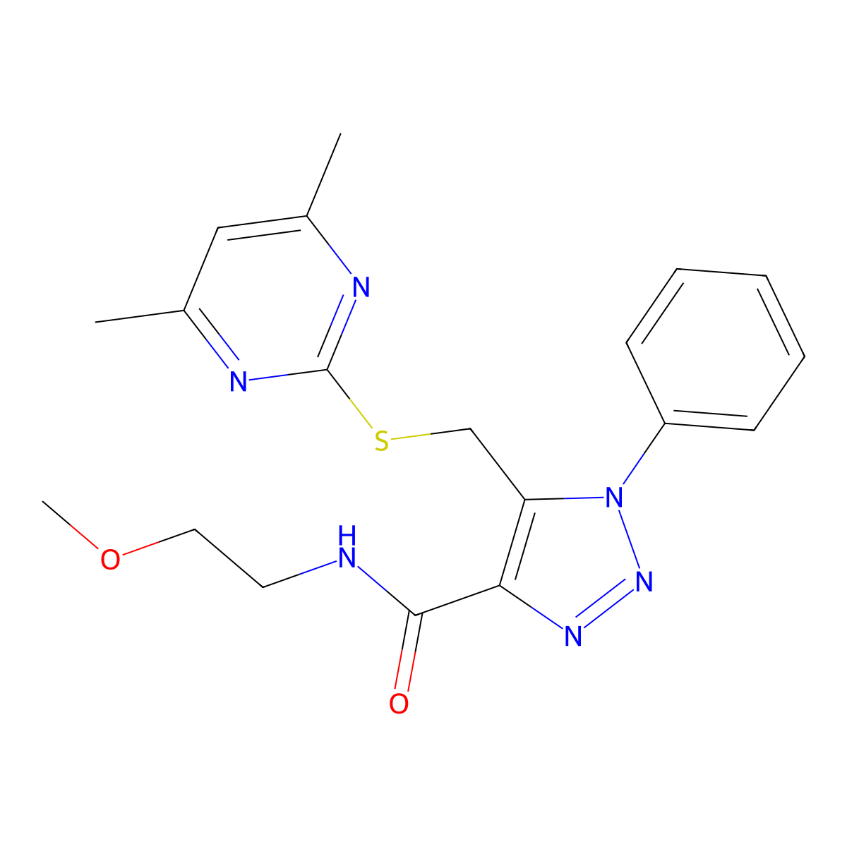 5-(((4,6-dimethylpyrimidin-2-yl)thio)methyl)-N-(2-methoxyethyl)-1-phenyl-1H-1,2,3-triazole-4-carboxamide molecular structure, CAS 1170214-53-5