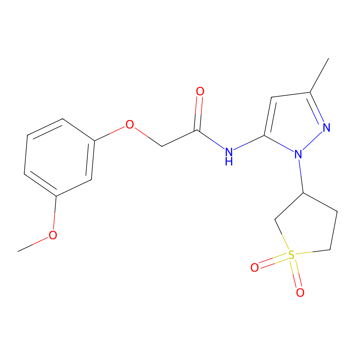 N-(1-(1,1-dioxidotetrahydrothiophen-3-yl)-3-methyl-1H-pyrazol-5-yl)-2-(3-methoxyphenoxy)acetamide molecular structure, CAS 1170215-07-2