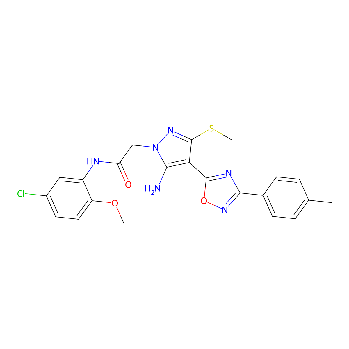 2-{5-amino-4-[3-(4-methylphenyl)-1,2,4-oxadiazol-5-yl]-3-(methylsulfanyl)-1H-pyrazol-1-yl}-N-(5-chloro-2-methoxyphenyl)acetamide molecular structure, CAS 1170225-96-3