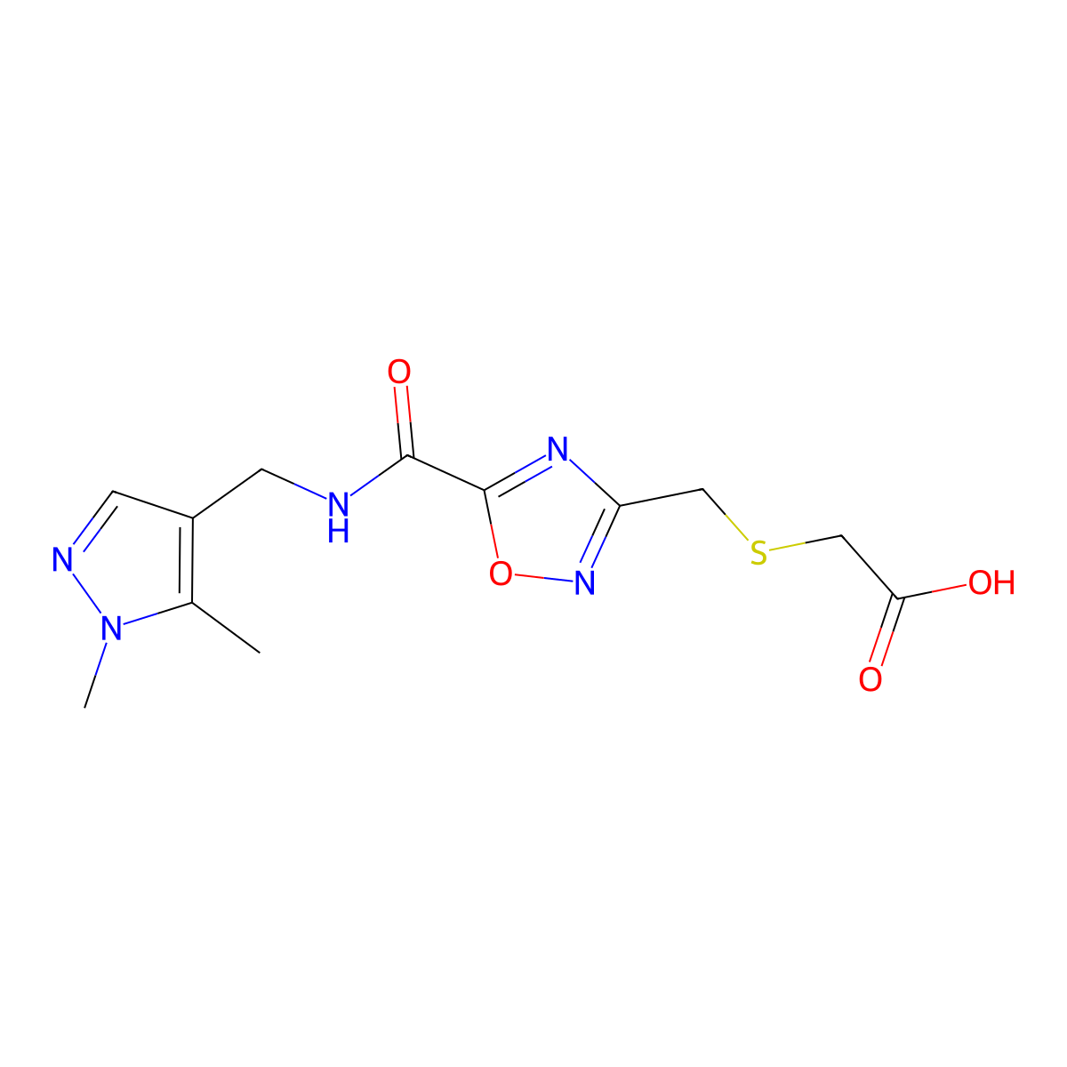 ({[5-({[(1,5-dimethyl-1H-pyrazol-4-yl)methyl]amino}carbonyl)-1,2,4-oxadiazol-3-yl]methyl}thio)acetic acid molecular structure, CAS 1170227-40-3