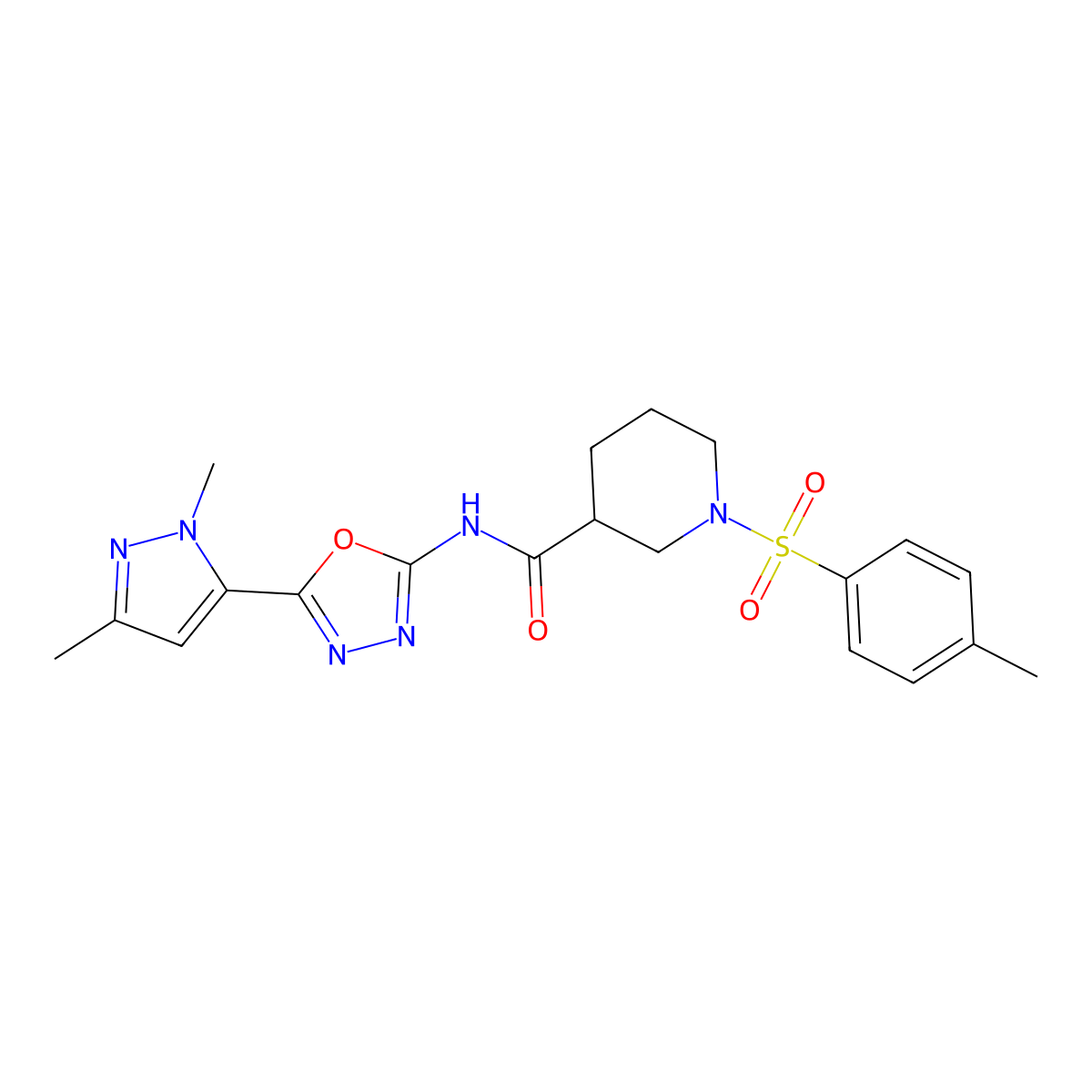 N-(5-(1,3-dimethyl-1H-pyrazol-5-yl)-1,3,4-oxadiazol-2-yl)-1-tosylpiperidine-3-carboxamide molecular structure, CAS 1170228-28-0