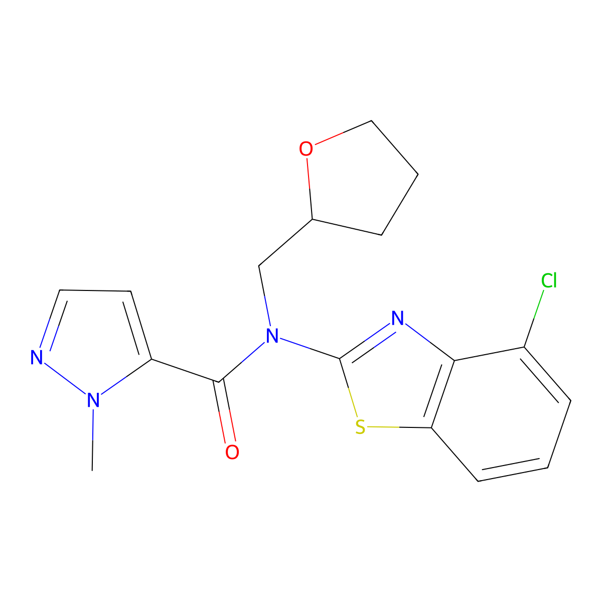 N-(4-chlorobenzo[d]thiazol-2-yl)-1-methyl-N-((tetrahydrofuran-2-yl)methyl)-1H-pyrazole-5-carboxamide molecular structure, CAS 1170229-64-7
