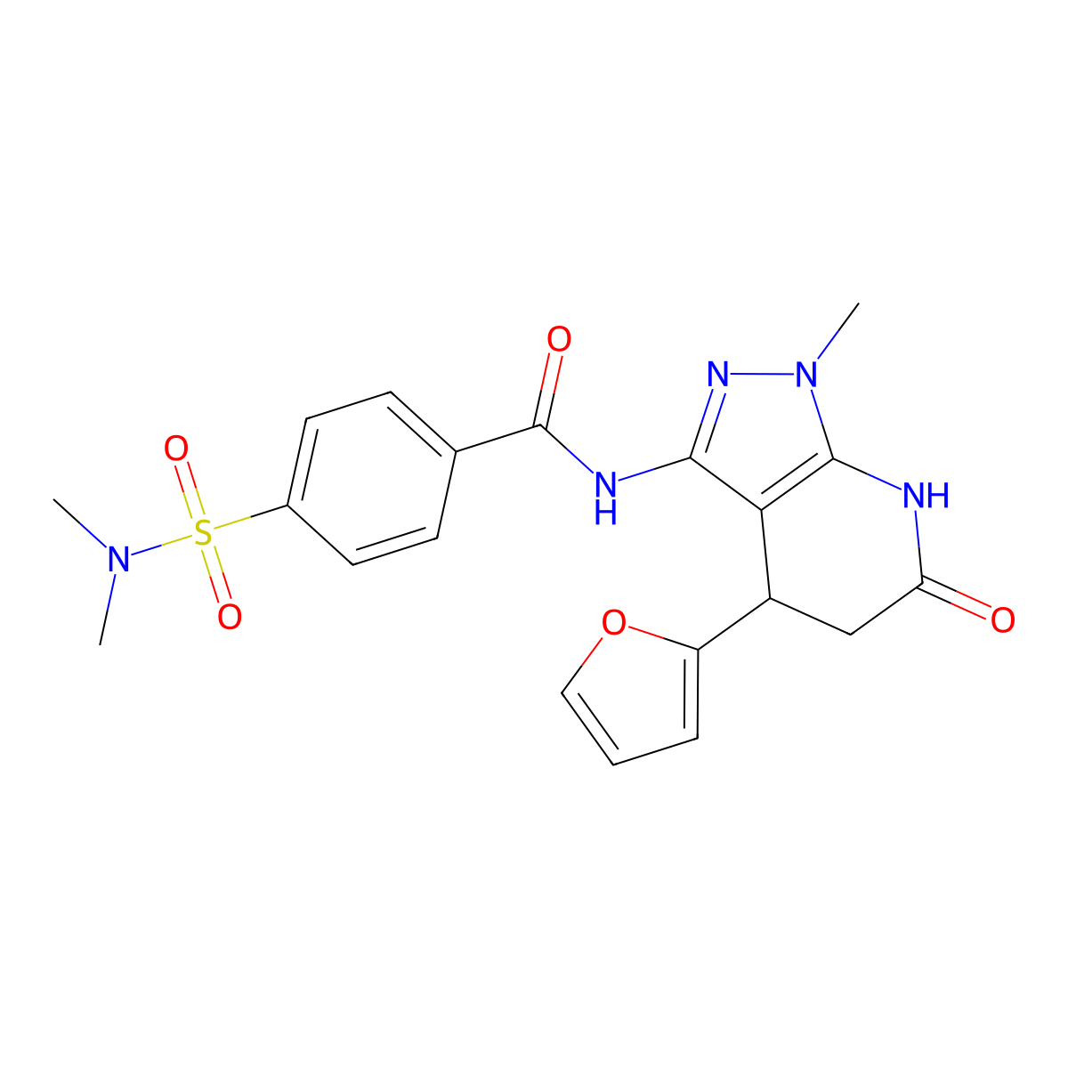 4-(N,N-dimethylsulfamoyl)-N-(4-(furan-2-yl)-1-methyl-6-oxo-4,5,6,7-tetrahydro-1H-pyrazolo[3,4-b]pyridin-3-yl)benzamide molecular structure, CAS 1170230-37-1