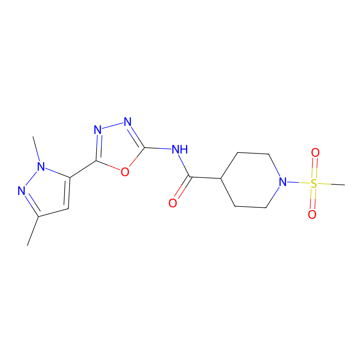 N-[5-(1,3-dimethyl-1H-pyrazol-5-yl)-1,3,4-oxadiazol-2-yl]-1-methanesulfonylpiperidine-4-carboxamide molecular structure, CAS 1170231-32-9