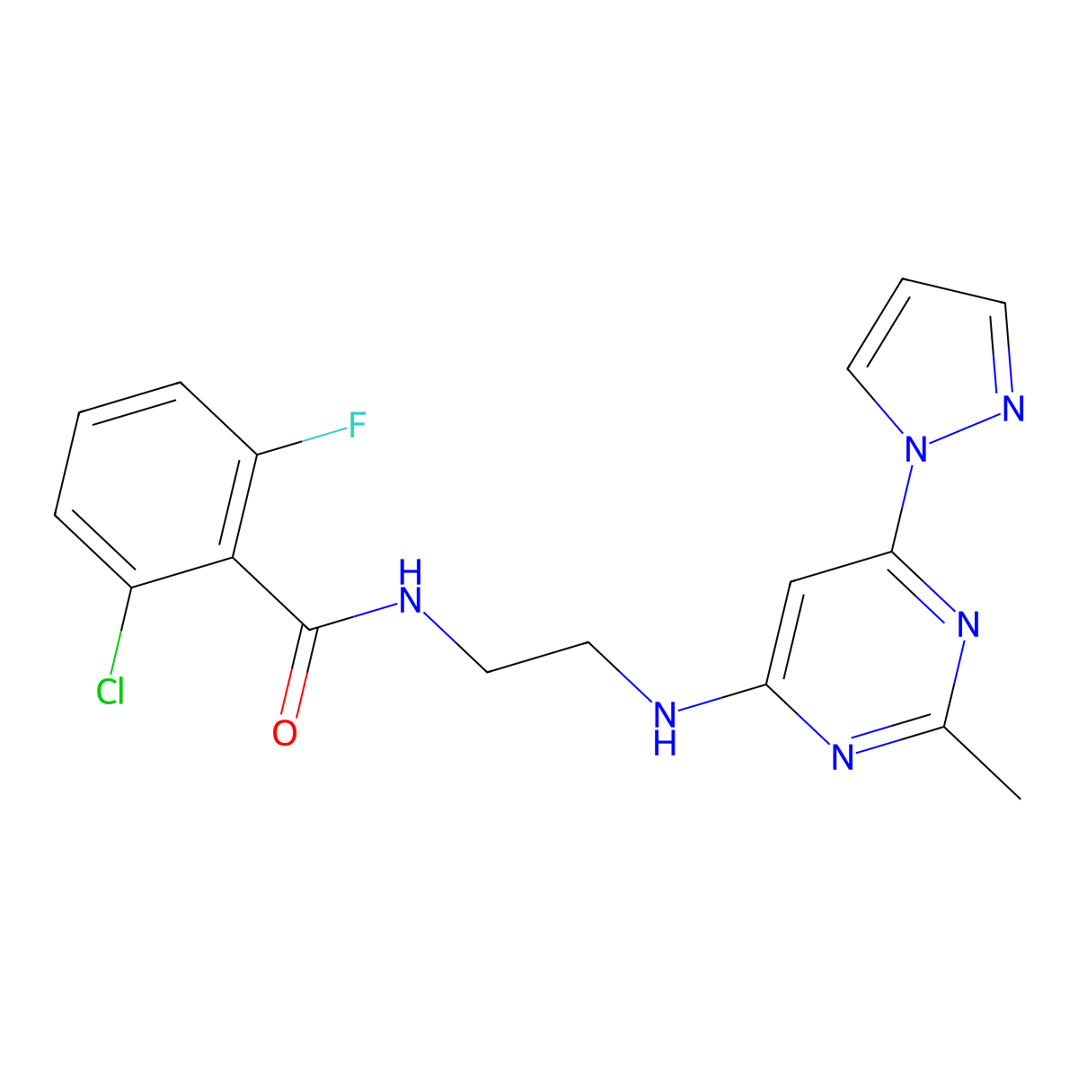 2-chloro-6-fluoro-N-(2-((2-methyl-6-(1H-pyrazol-1-yl)pyrimidin-4-yl)amino)ethyl)benzamide molecular structure, CAS 1170233-07-4
