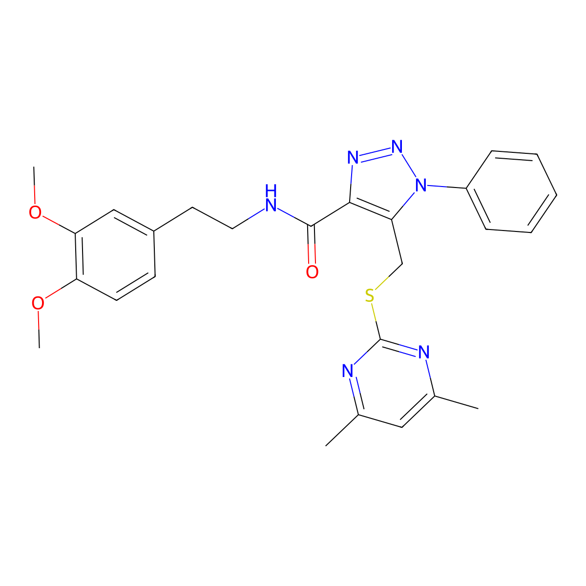 N-(3,4-dimethoxyphenethyl)-5-(((4,6-dimethylpyrimidin-2-yl)thio)methyl)-1-phenyl-1H-1,2,3-triazole-4-carboxamide molecular structure, CAS 1170234-96-4