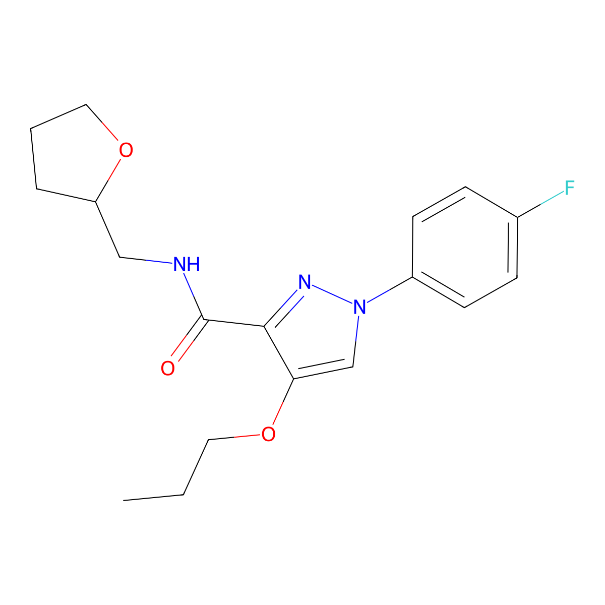 1-(4-fluorophenyl)-4-propoxy-N-((tetrahydrofuran-2-yl)methyl)-1H-pyrazole-3-carboxamide molecular structure, CAS 1170236-29-9