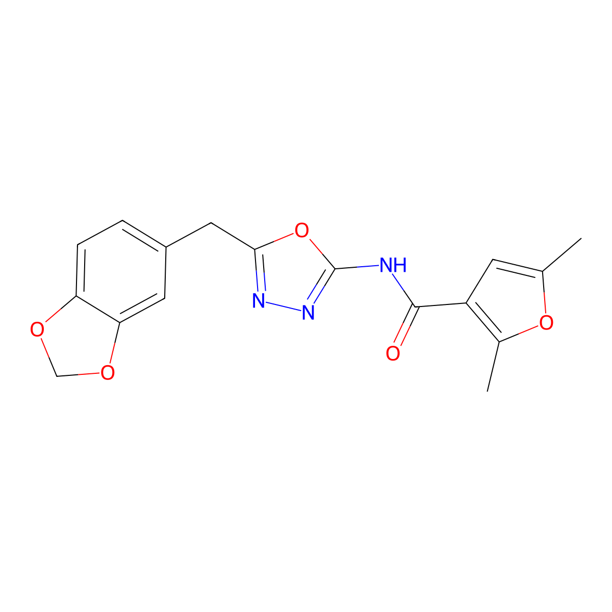 N-(5-(benzo[d][1,3]dioxol-5-ylmethyl)-1,3,4-oxadiazol-2-yl)-2,5-dimethylfuran-3-carboxamide molecular structure, CAS 1170238-22-8