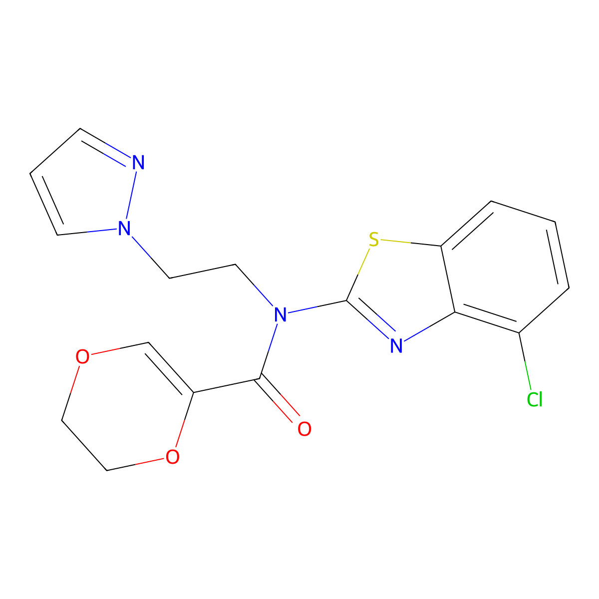 N-(2-(1H-pyrazol-1-yl)ethyl)-N-(4-chlorobenzo[d]thiazol-2-yl)-5,6-dihydro-1,4-dioxine-2-carboxamide molecular structure, CAS 1170238-32-0