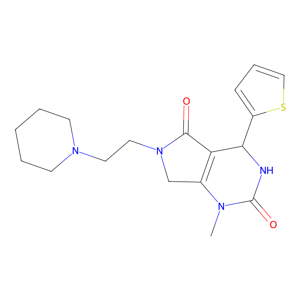 1-methyl-6-(2-(piperidin-1-yl)ethyl)-4-(thiophen-2-yl)-3,4,6,7-tetrahydro-1H-pyrrolo[3,4-d]pyrimidine-2,5-dione molecular structure, CAS 1170238-36-4