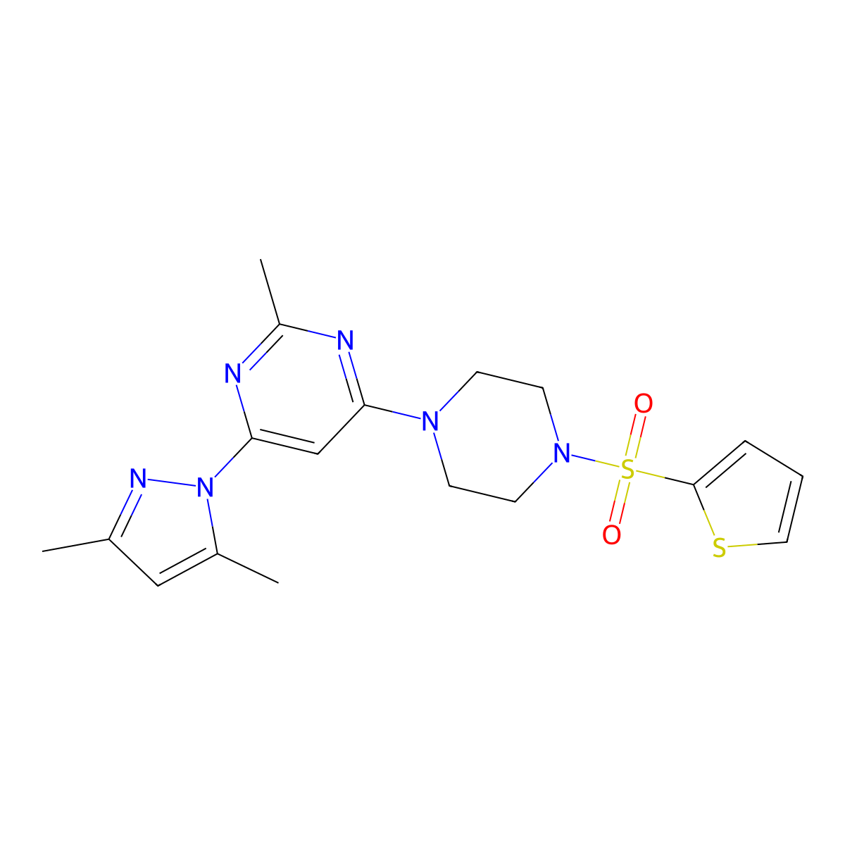 4-(3,5-dimethyl-1H-pyrazol-1-yl)-2-methyl-6-(4-(thiophen-2-ylsulfonyl)piperazin-1-yl)pyrimidine molecular structure, CAS 1170238-54-6
